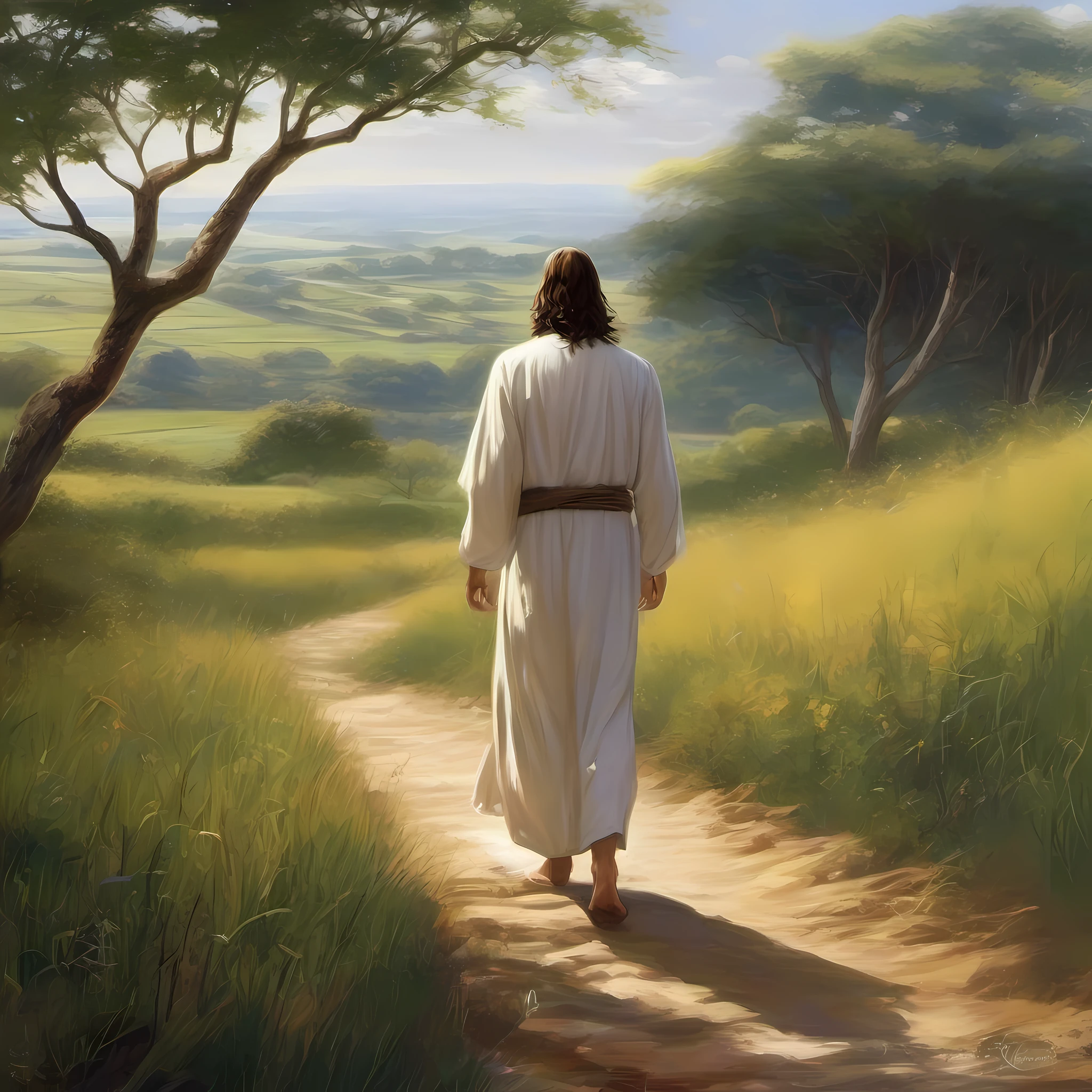 Christian art, jesus caminhando em um campo, serene emotion, calma, tranquilidade, ventos revigorantes