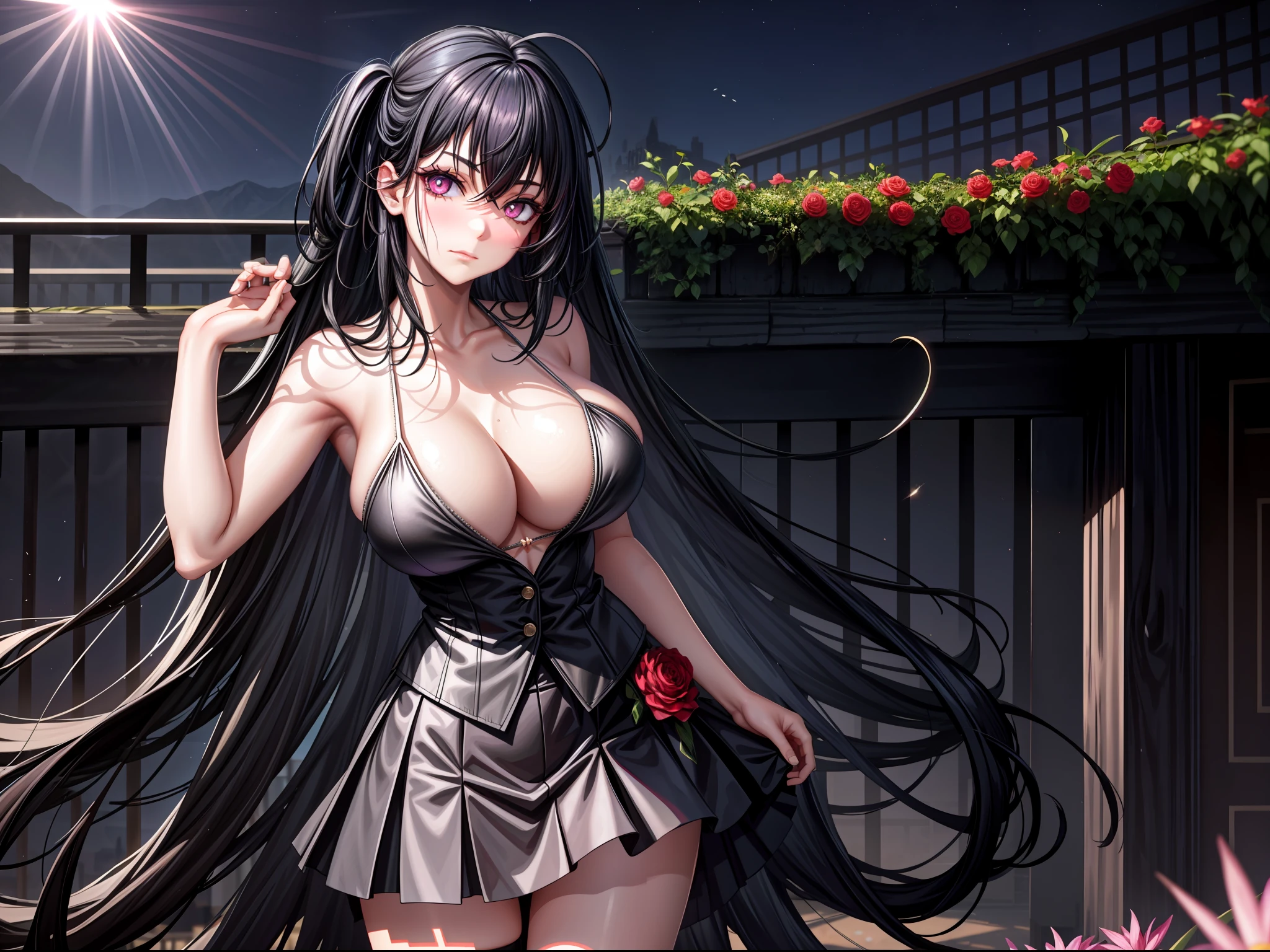 realisticlying,1girl,Black hair,Purple eye,glowing light eyes,Cut the top,a skirt,parted lip,Be red in the face,the night,fresh flowers,suns,rays of sunshine,huge tit,blush,