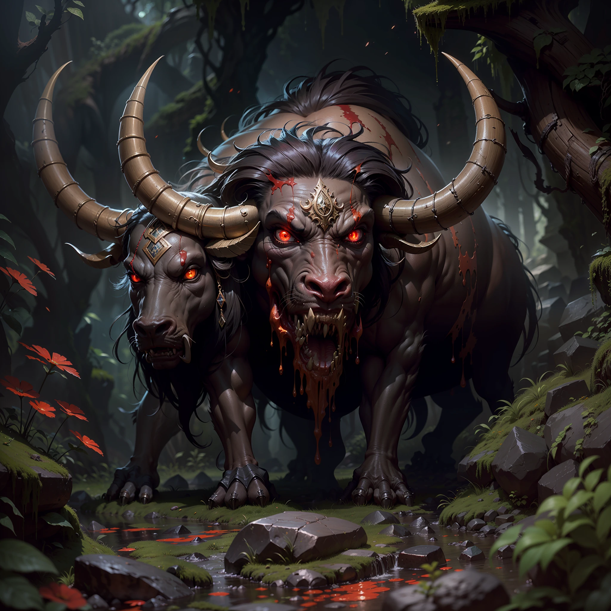 ((A huge yak)), greek myth, Monster, musculature, The sky and the earth are dark,salama,(Stomping on all fours)(The stone walls are covered with moss), Madness, ,Blood red eyes,
insanely details, Intricate details, ultra - detailed,
((Comic book style)), mistic, elegant, ((Domineering look)), dangers, (Fear and terror), Mordor, Creepy, Darkest horror background,
(Skin texture), intricately details, Fine details, ultra - detailed, Ray traching, Subsurface scattering, diffused soft lighting, Shallow depth of field, By (Oliver Wetter)
trending on artstationh, trending on CGSociety, Intricate, High detail, Sharp focus, Dramatic, photorealistic painting art by midjourney and greg rutkowski, Bokeh on the background,(Wide angle 1:3),