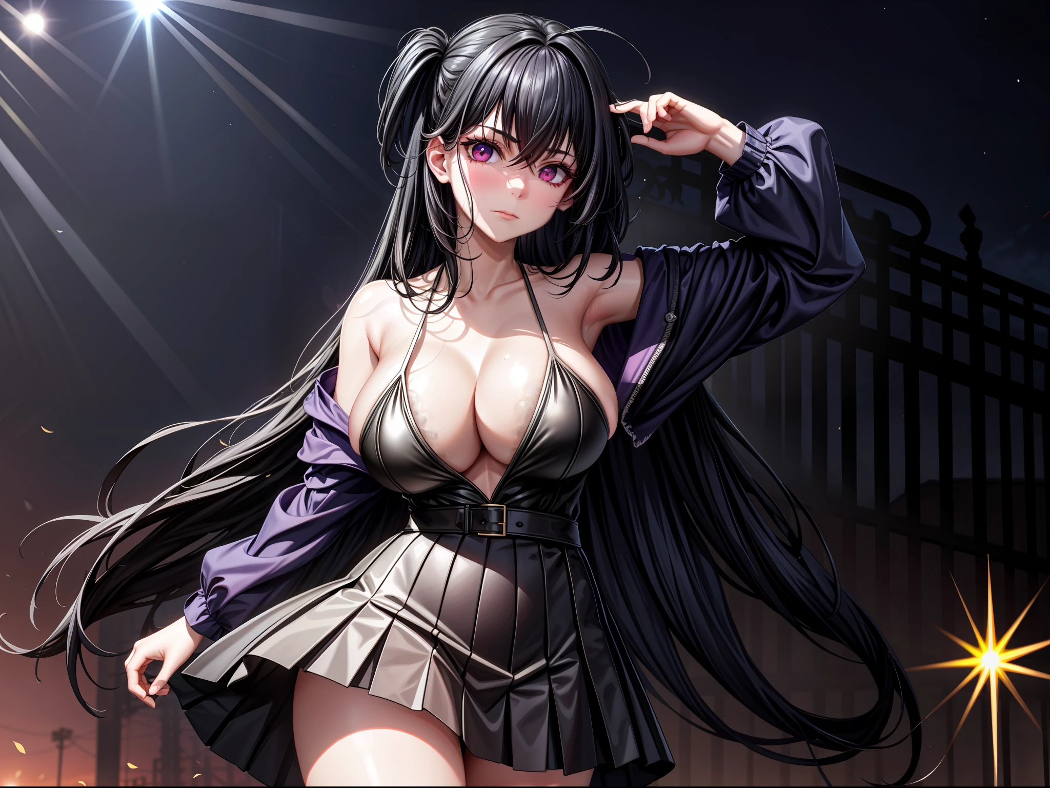 realisticlying，1girl，Black hair，Purple eye，glowing light eyes，Cut the top，a skirt，parted lip，Be red in the face，the night，fresh flowers，suns，rays of sunshine，huge tit，blush，