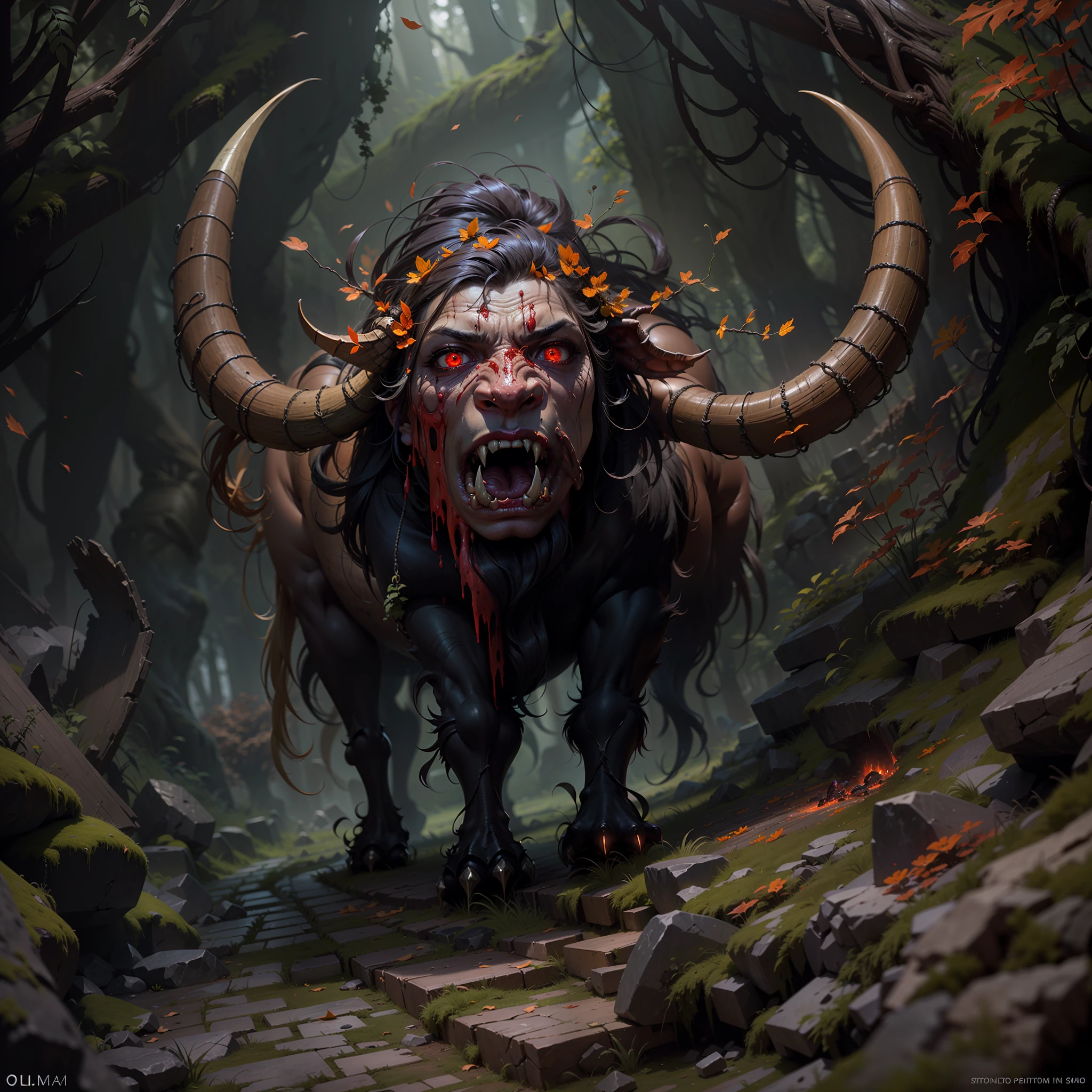 ((A huge yak)), greek myth, Monster, musculature, The sky and the earth are dark，salama，（Stomping on all fours）(The stone walls are covered with moss), Madness, ,Blood red eyes，
insanely details, Intricate details, ultra - detailed,
((Comic book style)), mistic, elegant, ((Domineering look)), dangers, (Fear and terror), Mordor, Creepy, Darkest horror background,
(Skin texture), intricately details, Fine details, ultra - detailed, Ray traching, Subsurface scattering, diffused soft lighting, Shallow depth of field, By (Oliver Wetter)
trending on artstationh, trending on CGSociety, Intricate, High detail, Sharp focus, Dramatic, photorealistic painting art by midjourney and greg rutkowski, Bokeh on the background，(Wide angle 1：3),