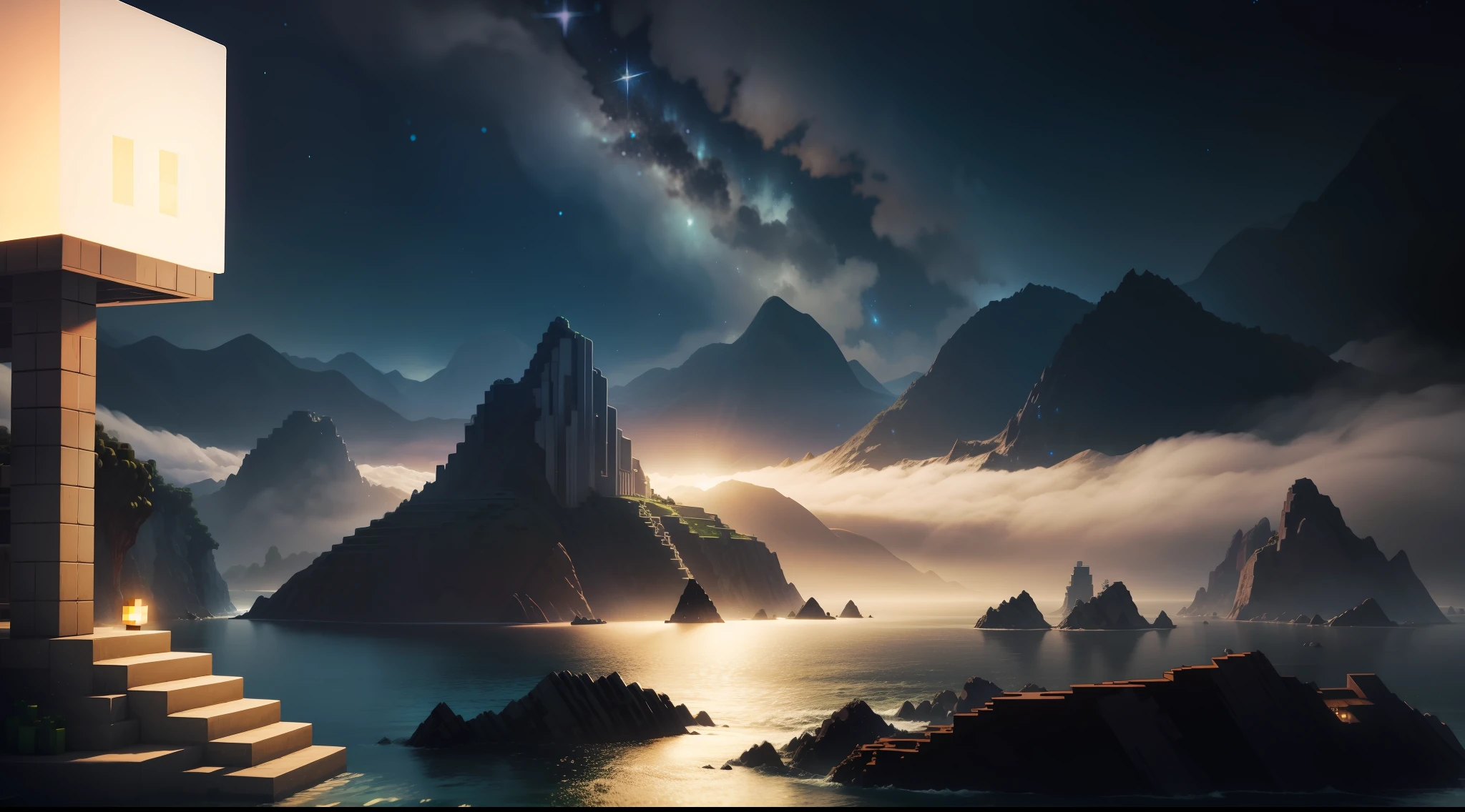Minecraft Light and Shadow Sea Mist Pixel Wind Night Starry Sky