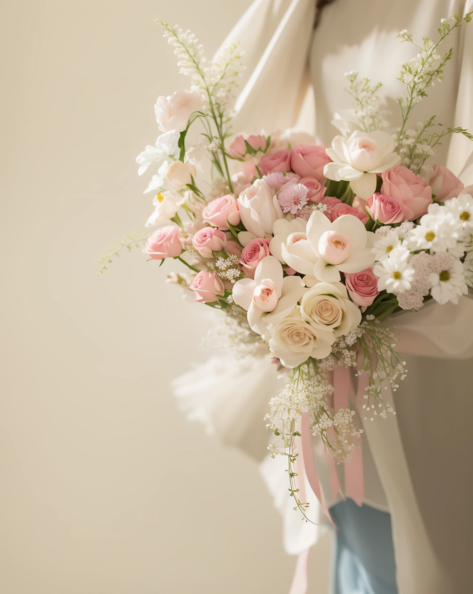 (Background in living room),bunch of flowers,Bow knot, Bouquet, flower bouquet, pastel', elegant flowers, floating bouquets, nebulous bouquets, white and pink, Holding flowers, pastel roses, soft flowers, Lovely, With flowers, inspired by François Boquet, 🌸 🌼 💮, Pink flowers, Cute cute, Elegant and graceful