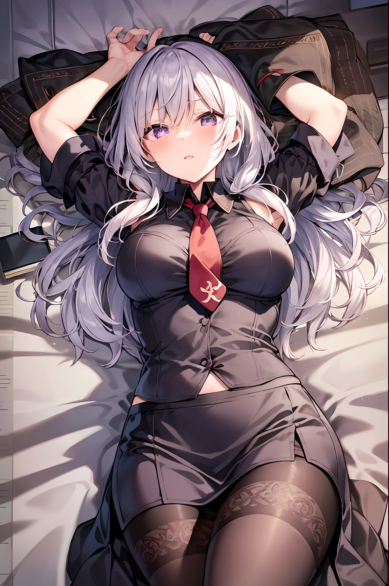 1elaina, purple eyes, black shirt, silver hair, red necktie, lying, on back, bed, arms up, military uniform, small breasts, pencil skirt, masterpiece, highres, best quality