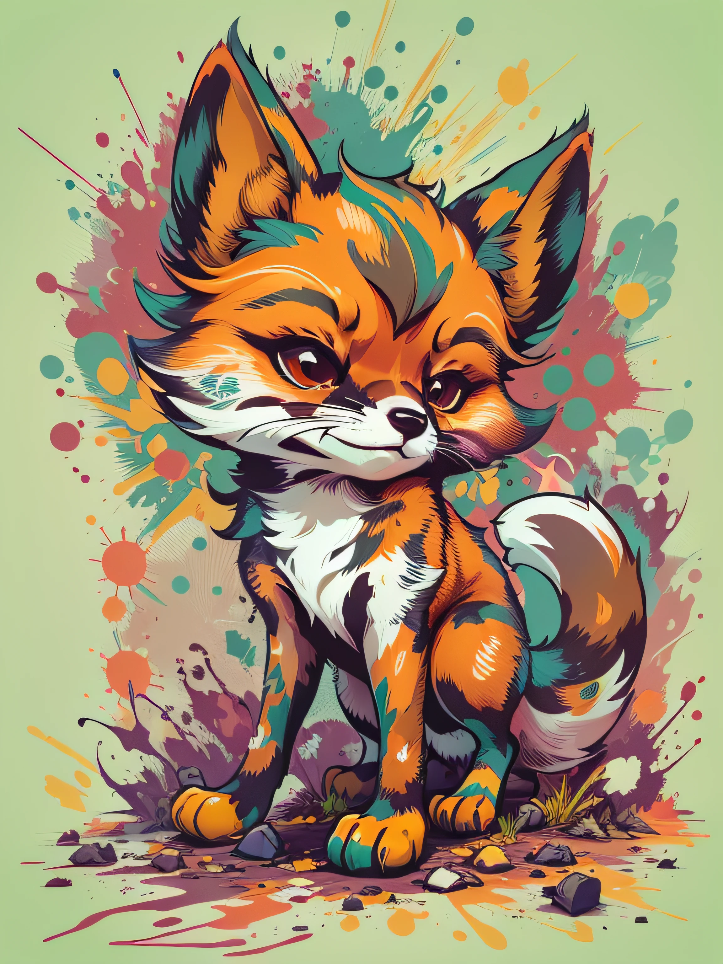 Vector, Print-ready colorful graffiti, Graffiti illustration: Cute little fox, action shot, high detail, ((whitebackground))