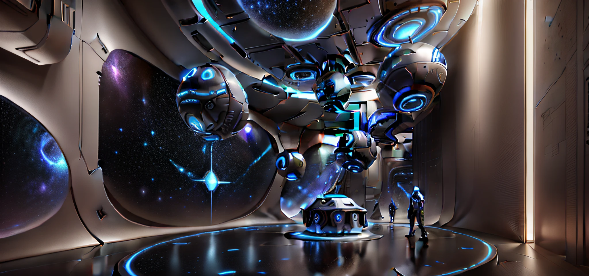 Interior of the building space,Cosmic science fiction style,Select Silver、Blue and black as the main colors should have the feeling of a vast universe。It can be decorated with a small amount of bright or fluorescent colors,