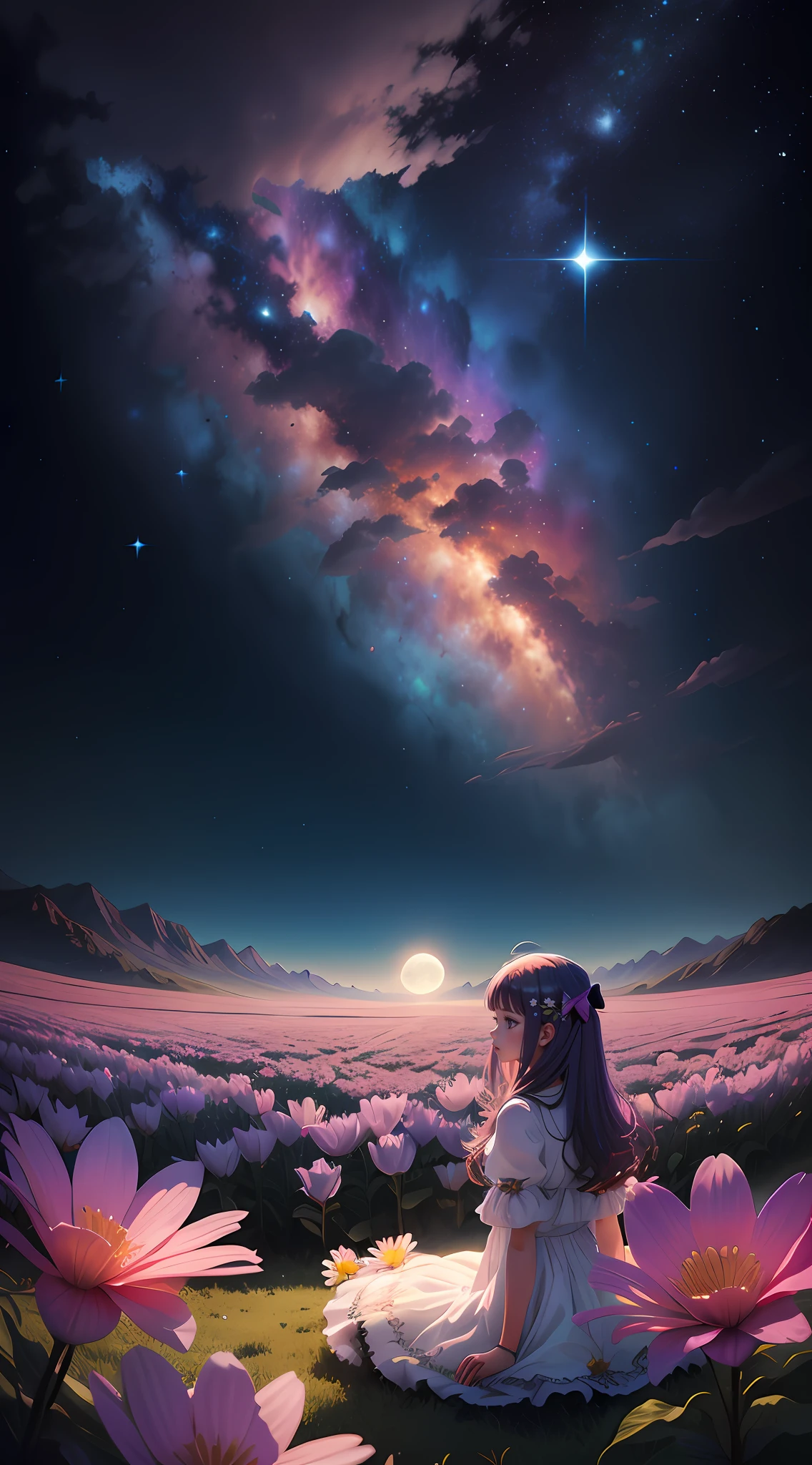 Uma menina em um campo de flores, vista de baixo para cima, cosmic view, galaxias, cometas, lua cheia, cena de anime, estilo anime,