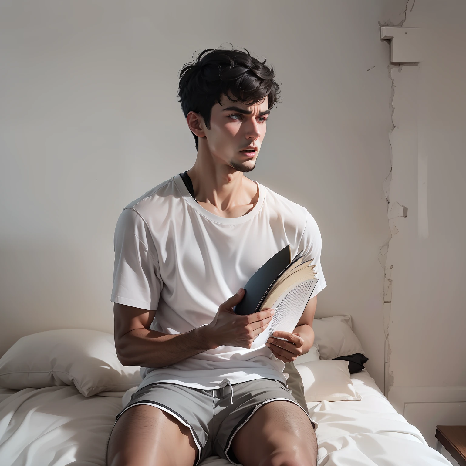 ultra realistic image of a 25 year old man, short black hair, dressed in a plain white shirt and plain black shorts, sitting on a bed, holding a bible, ready to hurl the bible at the wall, annoyed expression