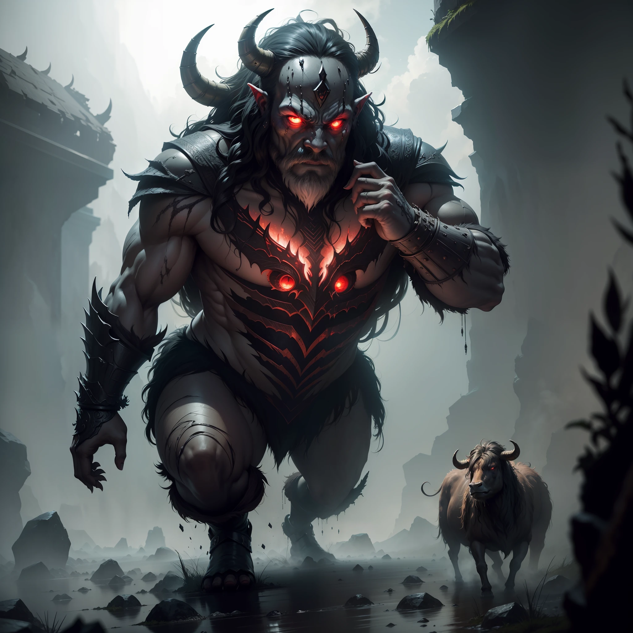 ((A huge yak)), greek myth, Monster, musculature, The sky and the earth are dark，salama，（Stomping on all fours）(The stone walls are covered with moss), Madness, ,Blood red eyes，
insanely details, Intricate details, ultra - detailed,
((Comic book style)), mistic, elegant, ((Domineering look)), dangers, (Fear and terror), Mordor, Creepy, Darkest horror background,
(Skin texture), intricately details, Fine details, ultra - detailed, Ray traching, Subsurface scattering, diffused soft lighting, Shallow depth of field, By (Oliver Wetter)
trending on artstationh, trending on CGSociety, Intricate, High detail, Sharp focus, Dramatic, photorealistic painting art by midjourney and greg rutkowski, Bokeh on the background，(Wide angle 1：3),