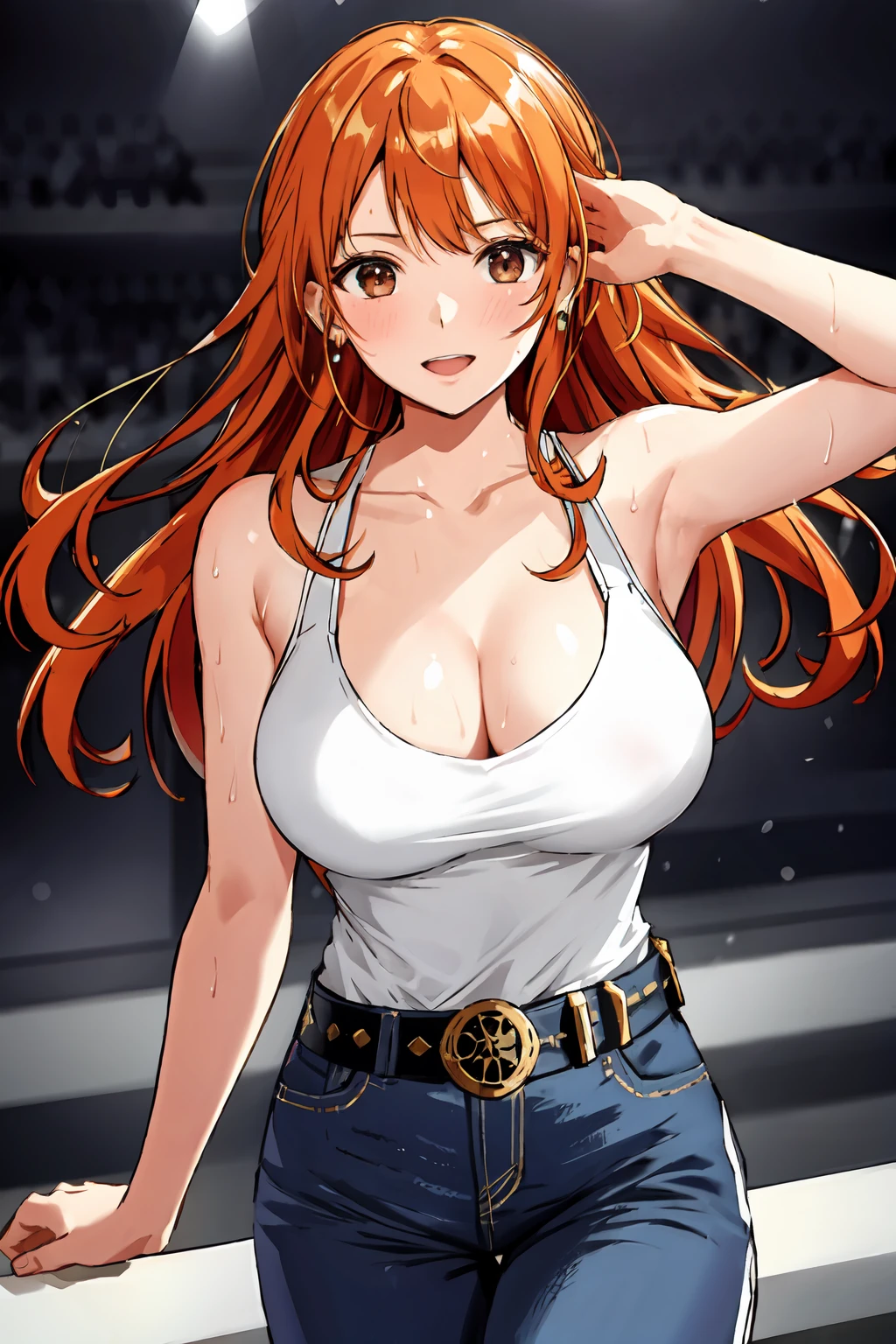 detailed background, masterpiece, 4k, best quality, late youth, adult, wrestler body, 1girl, active, energic, uppercut, (large mouth) , solo, nami \(one piece\), 1girl, bangle, (full white T-shirt, full top, very wet, drenched in sweat, sweat all over body, very wet hair, tired, taking breath, open mouth, sweaty face, sweaty body, panting, sweating too much, shiny sweat, sweat stains, leaning forward, tilting, both hands waving good bye, both hands up, bruises on body), perfect detailed face, bold drawing lines, muscular arms, detailed bold arm lines, flat jaw, adult woman, wavy wide streaked bangs,(very long left side bangs short right side bangs, lock of hair upward), floating bang streaks, (big cheeks), bare shoulders, off-shoulders, belt, blue sky, bracelet, springy breasts, breast lines, big round eyes, plain big brown shiny eyes, bubbles, high eye position, cleavage, cloud, day, denim, earrings, floating hair, shiny hair, green belt, jeans, jewelry, large breasts, log pose, long hair, looking at viewer, wet hair, orange hair, pants, shoulder tattoo, sidelocks, sky, solo, standing, swimsuit, tattoo , looking at viewer, open mouth, detailed left arm, big forehead, hourglass figure, small head, toned body, wide hair, wind effect, sun effect, under the sun, narrow small ears angle, older, random poses,