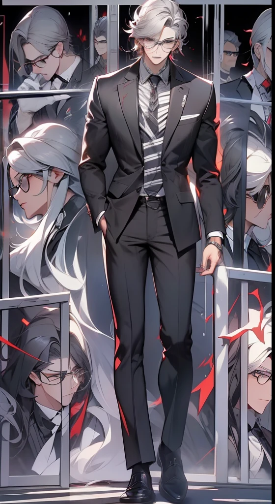 hyper-high detail，Light gray thick hair，Black framed glasses men，Wearing a gorgeous black suit，Black pants，Black leather shoes，A black blazer is draped over the body，Full body standing painting，Demon lover painting style，Wears a gray vertical striped shirt and tie，Handsome anime characters, official character illustration