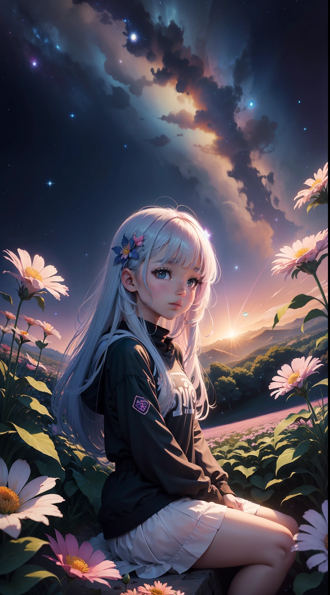 Uma menina em um campo de flores, vista de baixo para cima, cosmic view, galaxias, cometas, lua cheia, cena de anime, estilo anime,