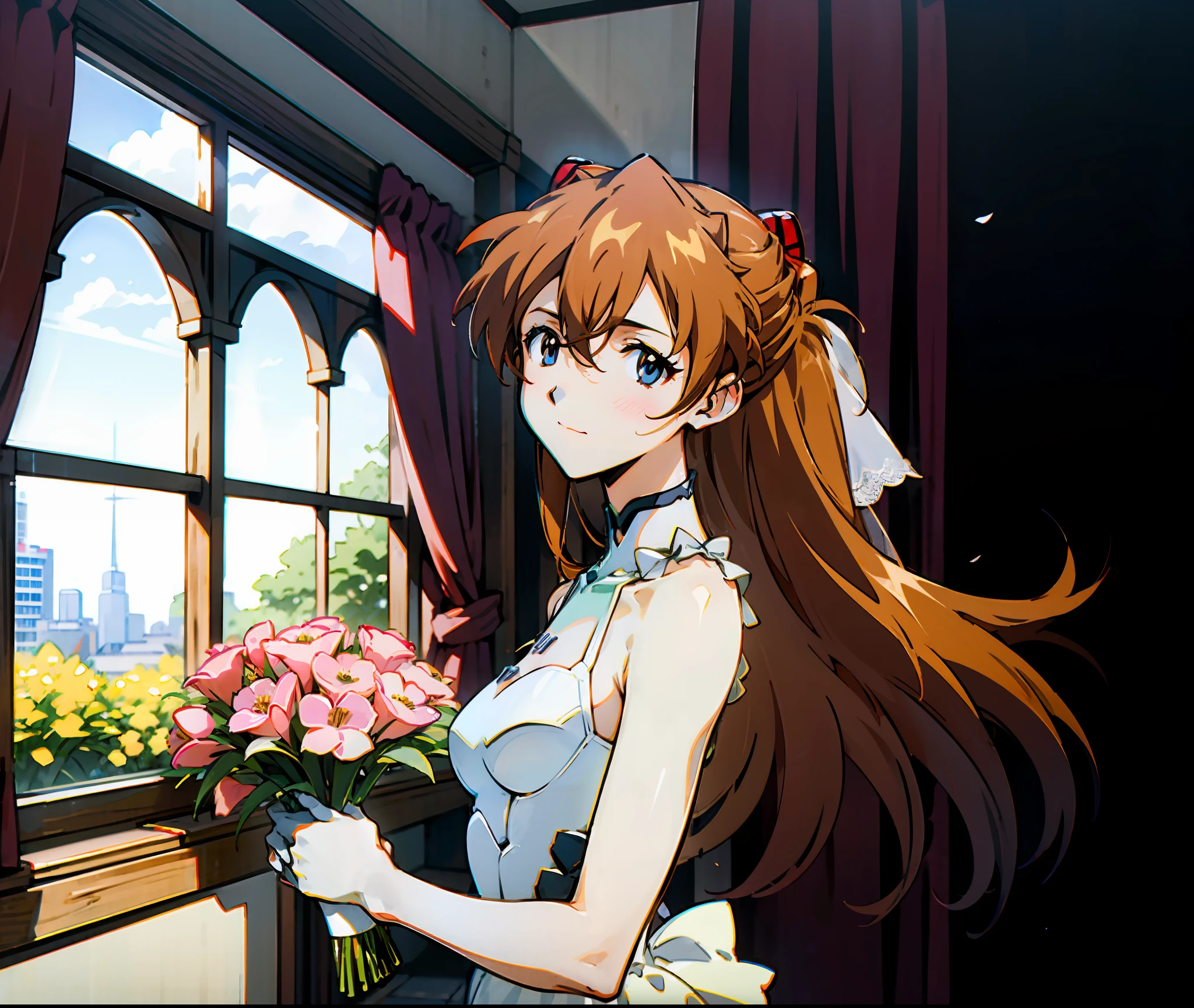 asuka，beside the window，Wear a wedding dress，(Wedding dress color:red colour)，Flowers in hand