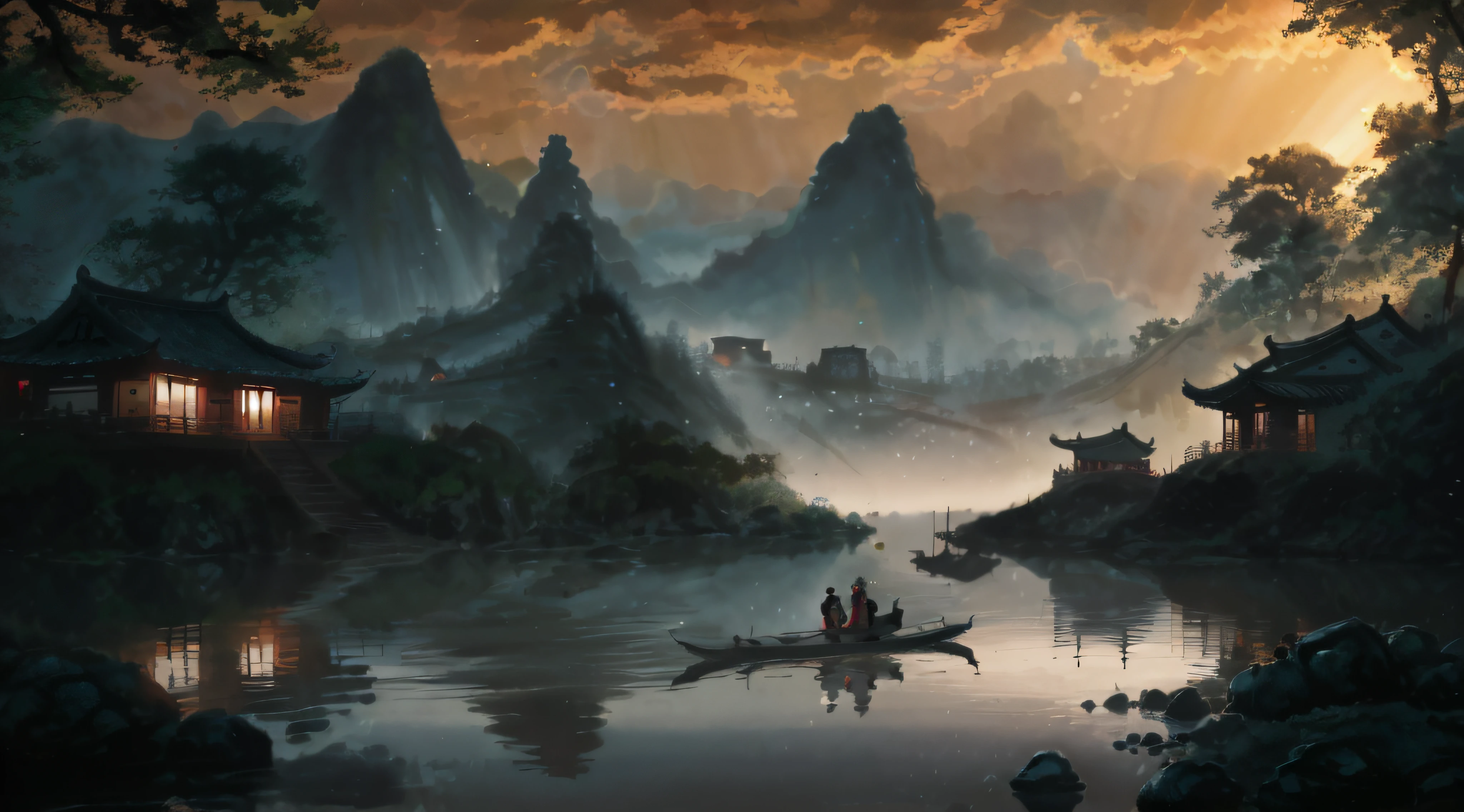painting of a man and woman in a boat on a river, by Yang J, 4k highly detailed digital art, Detailed painting 4 K, inspired by Raphael Lacoste, 4k hd matte digital painting, Chinese landscape, Inspired by Fenghua Zhong, Detailed scenery —width 672, author:Qu Leilei, inspired by Andreas Rocha, author:Song Xu