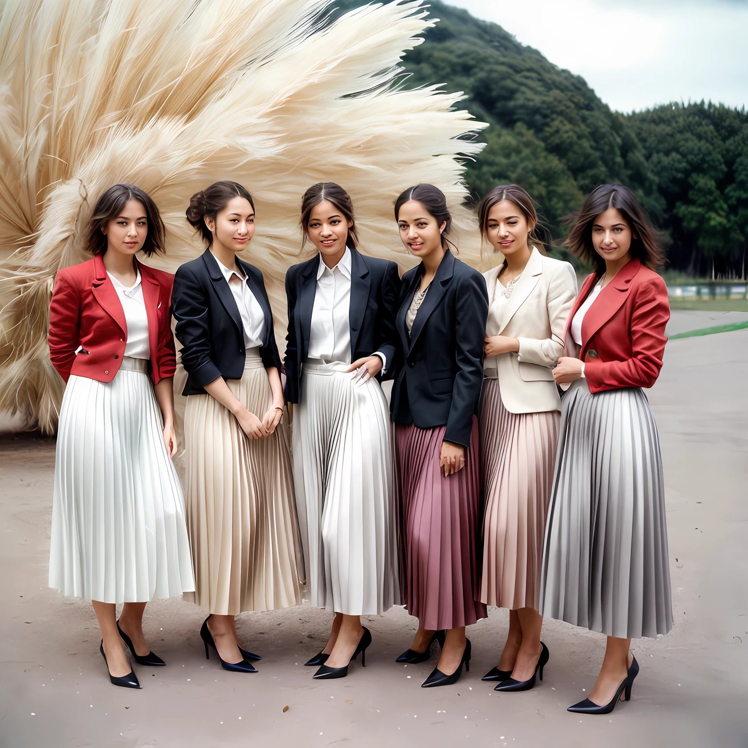 lesbian women kissing women, very (flirty smiling:1,1) good women wearing short blazers with very detailed (long (fully pleated) full circle skirts) and (simple) low heeled office shoes, very very intricate hyper-detailed symmetric (attractive graceful young feminine faces) with (sad, tired eyes and a shy smiles), large breasts, full of empathy and compassion and love, (pronounced (feminine) features), (highly detailed ultra accurate realistic) hands and fingers, (windy conditions and wind blowing), epic composition, highly detailed attributes, highly detailed atmosphere, (35mm f1.4 Kodak portra 400 photograph), extremely high quality RAW photograph, detailed background, intricate, Exquisite details and textures,