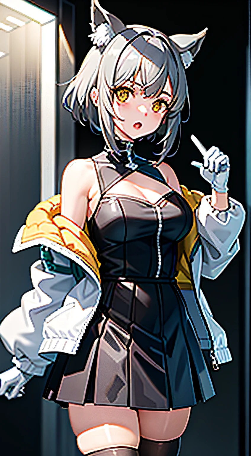 mio \(xenoblade\),
1girl, animal ears, bare shoulders, grey hair, braid, breasts, jacket, looking at viewer, off shoulder, open mouth, short hair, solo, white gloves, yellow eyes,