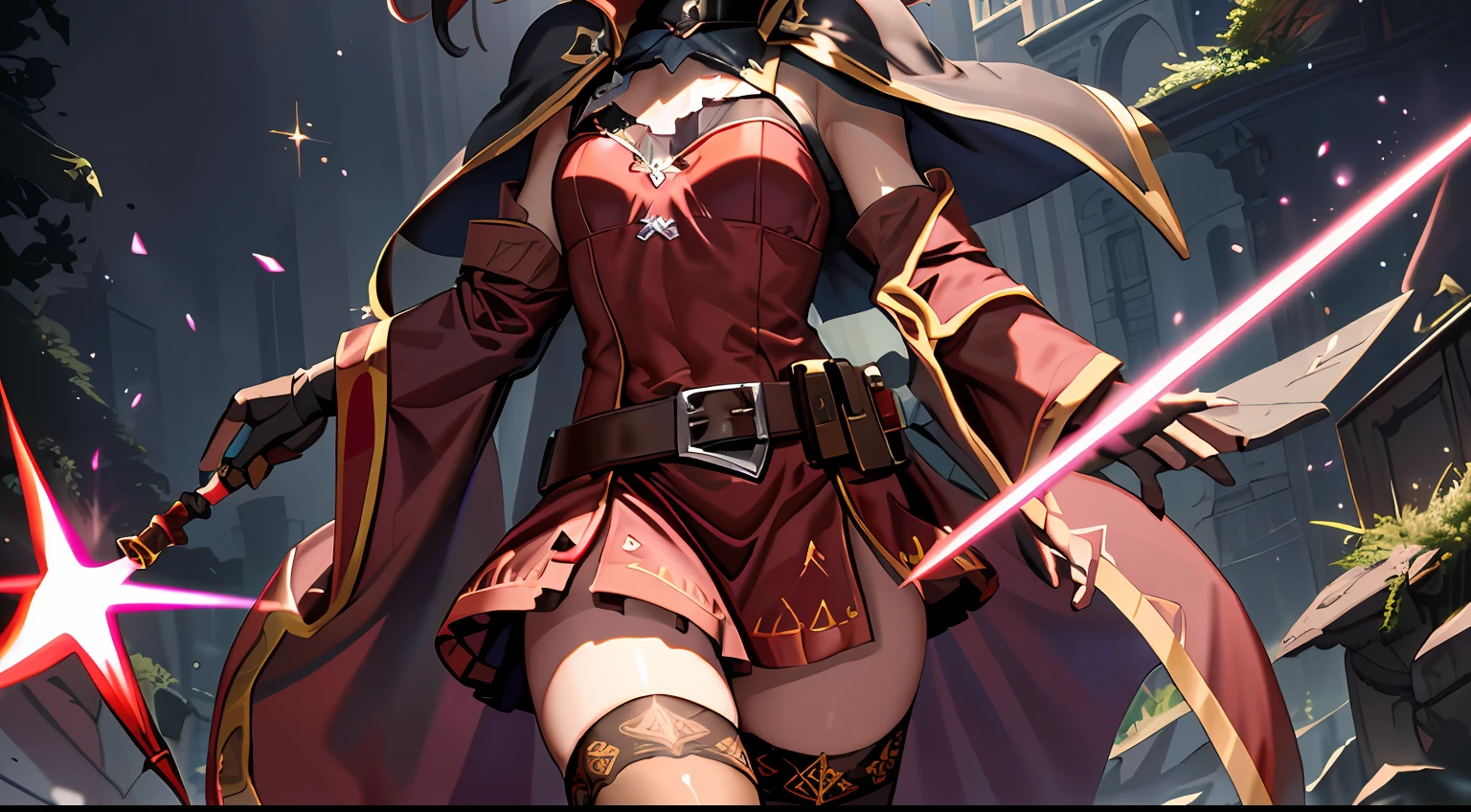 ((best quality)), ((masterpiece)), (detailed), ultra detailed, 1girl, solo
stare, looking at viewer, (interview:1.3),
1girl, beam, belt, black_hair, brown_hair, cape, collar, convenient_censoring, diffraction_spikes, dress, eyebrows_visible_through_hair, fingerless_gloves, gloves, glowing, glowing_weapon, hat, holding, laser, lens_flare, light_censor, light_rays, looking_at_viewer, magic, megumin, open_mouth, red_dress, red_eyes, short_hair, small_breasts, solo, sparkle, sparks, staff, thighhighs, witch_hat