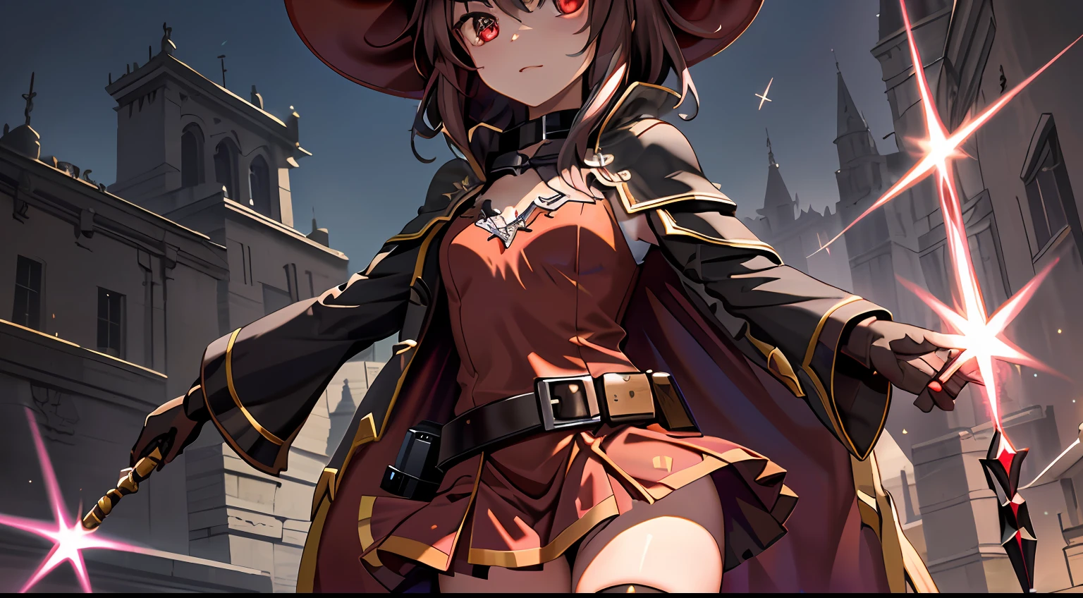 ((best quality)), ((masterpiece)), (detailed), ultra detailed, 1girl, solo
stare, looking at viewer, (interview:1.3),
1girl, beam, belt, black_hair, brown_hair, cape, collar, convenient_censoring, diffraction_spikes, dress, eyebrows_visible_through_hair, fingerless_gloves, gloves, glowing, glowing_weapon, hat, holding, laser, lens_flare, light_censor, light_rays, looking_at_viewer, magic, megumin, open_mouth, red_dress, red_eyes, short_hair, small_breasts, solo, sparkle, sparks, staff, thighhighs, witch_hat