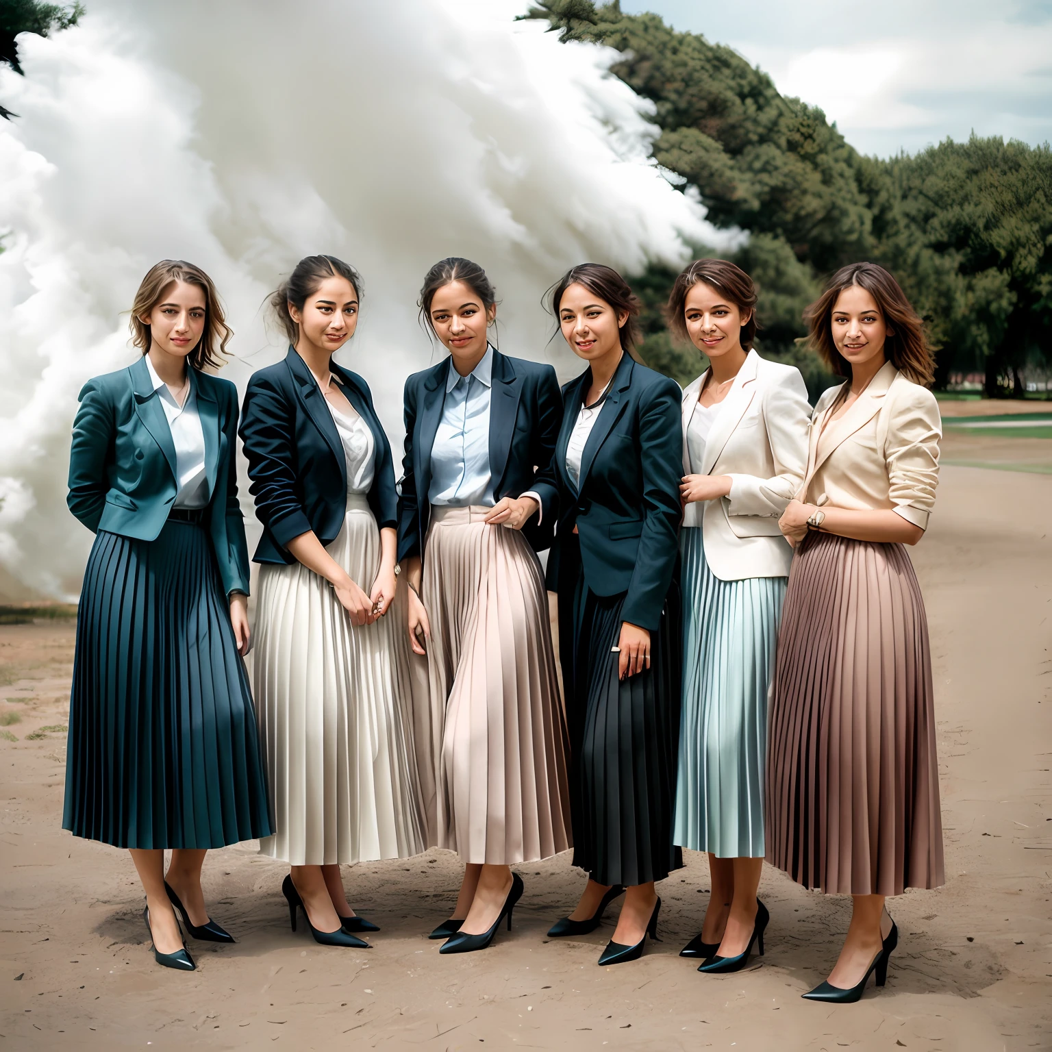 lesbian women kissing women, very (flirty smiling:1,1) good women wearing short blazers with very detailed (long (fully pleated) full circle skirts) and (simple) low heeled office shoes, very very intricate hyper-detailed symmetric (attractive graceful young feminine faces) with (sad, tired eyes and a shy smiles), large breasts, full of empathy and compassion and love, (pronounced (feminine) features), (highly detailed ultra accurate realistic) hands and fingers, (windy conditions and wind blowing), epic composition, highly detailed attributes, highly detailed atmosphere, (35mm f1.4 Kodak portra 400 photograph), extremely high quality RAW photograph, detailed background, intricate, Exquisite details and textures,