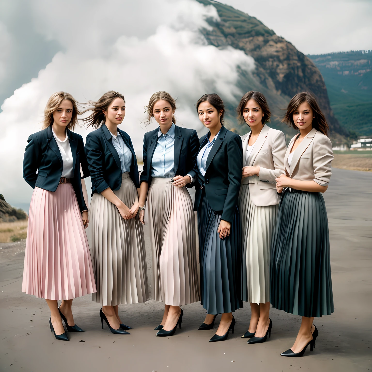 lesbian women kissing women, very (flirty smiling:1,1) good women wearing short blazers with very detailed (long (fully pleated) full circle skirts) and (simple) low heeled office shoes, very very intricate hyper-detailed symmetric (attractive graceful young feminine faces) with (sad, tired eyes and a shy smiles), large breasts, full of empathy and compassion and love, (pronounced (feminine) features), (highly detailed ultra accurate realistic) hands and fingers, (windy conditions and wind blowing), epic composition, highly detailed attributes, highly detailed atmosphere, (35mm f1.4 Kodak portra 400 photograph), extremely high quality RAW photograph, detailed background, intricate, Exquisite details and textures,