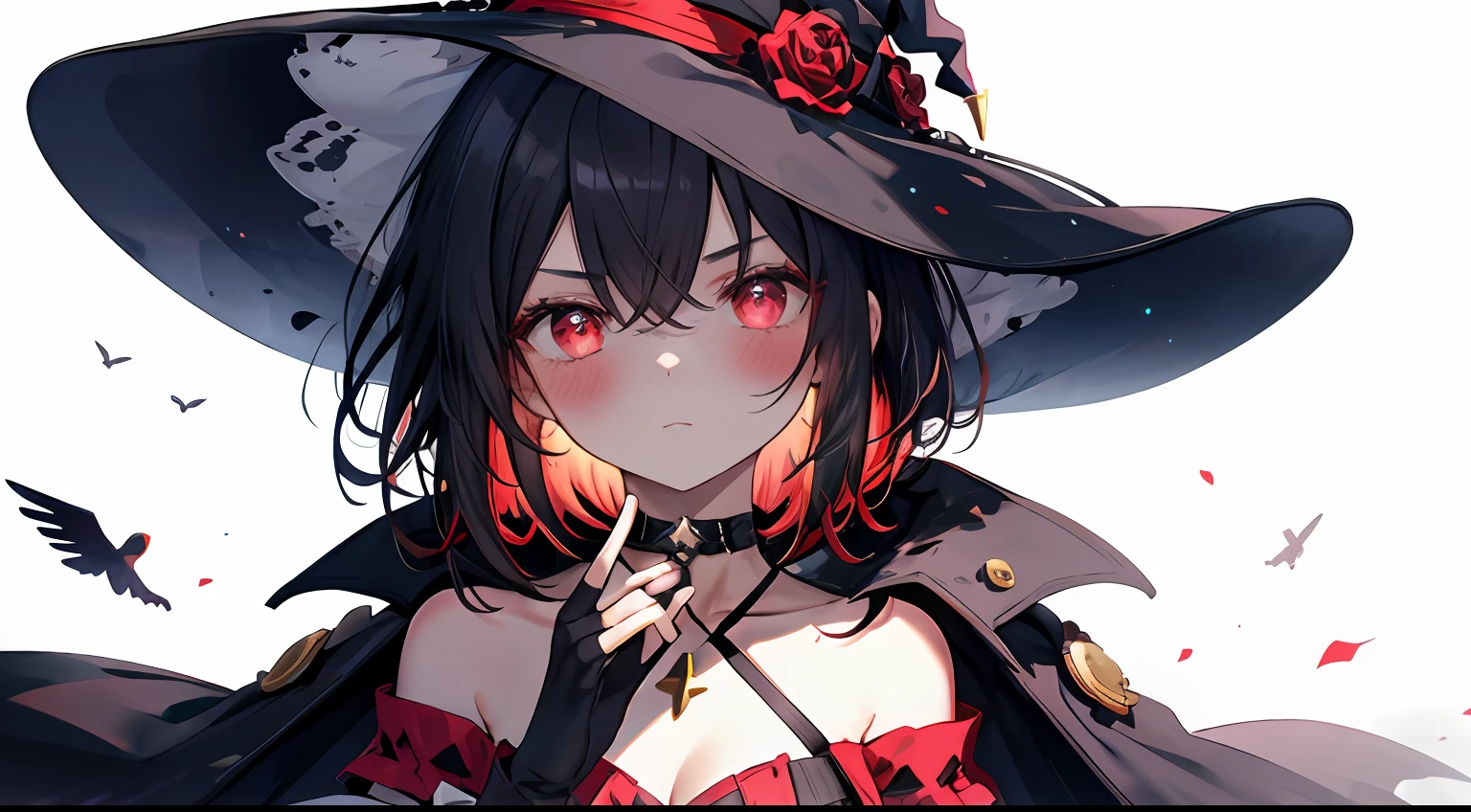 neoartcore, Aromatic, 1girll, Bare shoulders, Black cape, Black gloves, Black hair, Blush, Cape, choker necklace, 鎖骨, dress, Fingerless gloves, mitts, hair between eye, Hat, Long sleeves, view the viewer, Medium hair, off the shoulder dress, cropped shoulders, Red dress, Red eyes, side locks, Solo, Witch hat, ((Masterpiece))