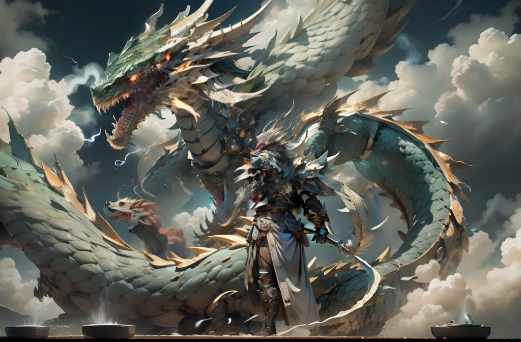 ((best qualtiy)), ((tmasterpiece)), (A detailed),A man stands on a dragon's head and holds a sword,Side face photo of a dragon flying through the air,Close-up of the faucet,The whole body of the character,mechs,Realiy,high detal, mito,chinesedragon,Clouds,salama,surrounded by cloud,Frontal lighting,atomization,Smoke light,