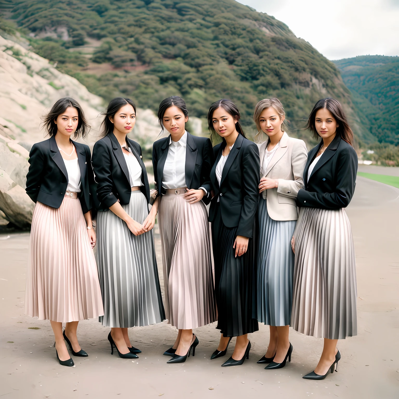 lesbian women kissing women, very (flirty smiling:1,1) good women wearing short blazers with very detailed (long (fully pleated) full circle skirts) and (simple) low heeled office shoes, very very intricate hyper-detailed symmetric (attractive graceful young feminine faces) with (sad, tired eyes and a shy smiles), large breasts, full of empathy and compassion and love, (pronounced (feminine) features), (highly detailed ultra accurate realistic) hands and fingers, (windy conditions and wind blowing), epic composition, highly detailed attributes, highly detailed atmosphere, (35mm f1.4 Kodak portra 400 photograph), extremely high quality RAW photograph, detailed background, intricate, Exquisite details and textures,