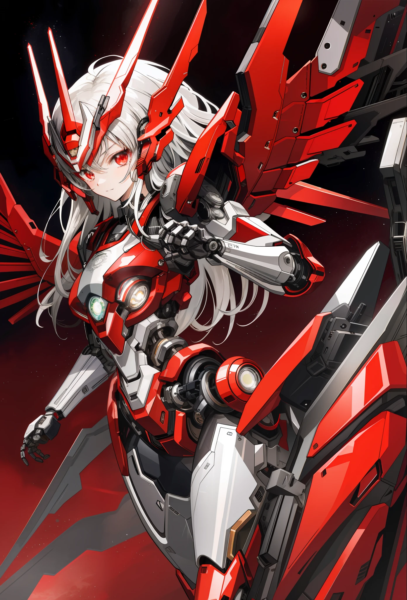tmasterpiece,best qualtiy,ultra - detailed,very detailed illustration,The is very detailed,Complicated details,A high resolution,super complex detail,Very detailed 8k CG wallpaper,cowboy lens,Caustics,Reflectors,Ray traching,(red theme,Black Themes:1.3),1girl :1.4), Horrible laughter,solo, alone, (mecha musume, mechanicalparts, robotjoints, Robotic arm, mechanical leg, head gear, Precision mechanical tights, fully armoured, Red mechanical wings), Extra-long hair, silber hair, whaite hair, red - eyed, glowing light eyes, Eye trajectories, Random expressions, Random actions, Ancient Japanese architecture, ponds, starrysky, skylines, rays of moonlight, detailedbackground, ((masterpiece)), hoang lap, HDR,