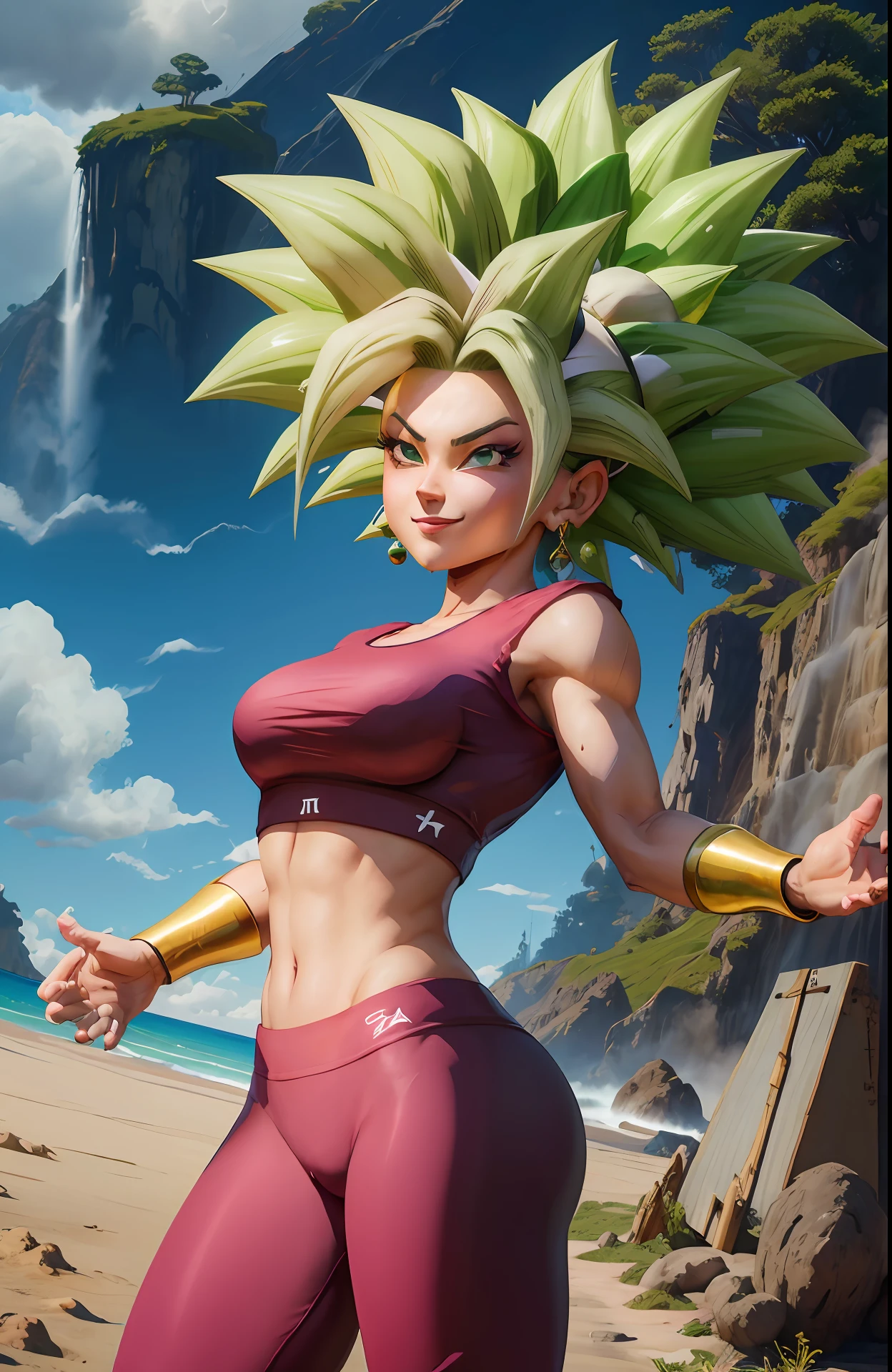 (melhor qualidade, obra-prima), cabelo verde, brincos verdes, yoga pants, yoga bra, pele apertada, tonificado, smug, sorriso, kefla, cintura fina, luz de fundo, rosto detalhado, queixo detalhado, perfect hands, radiante, unreal engine, 4k
