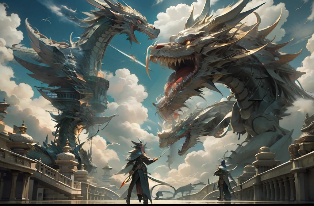 （（best qualtiy））， （（tmasterpiece））， （A detailed），A man stands on a dragon's head and holds a sword，Side face photo of a dragon flying through the air，Close-up of the faucet，The whole body of the character，mechs，Realiy，high detal， mito，chinesedragon，Clouds，salama，surrounded by cloud，Frontal lighting，atomization，Smoke light，