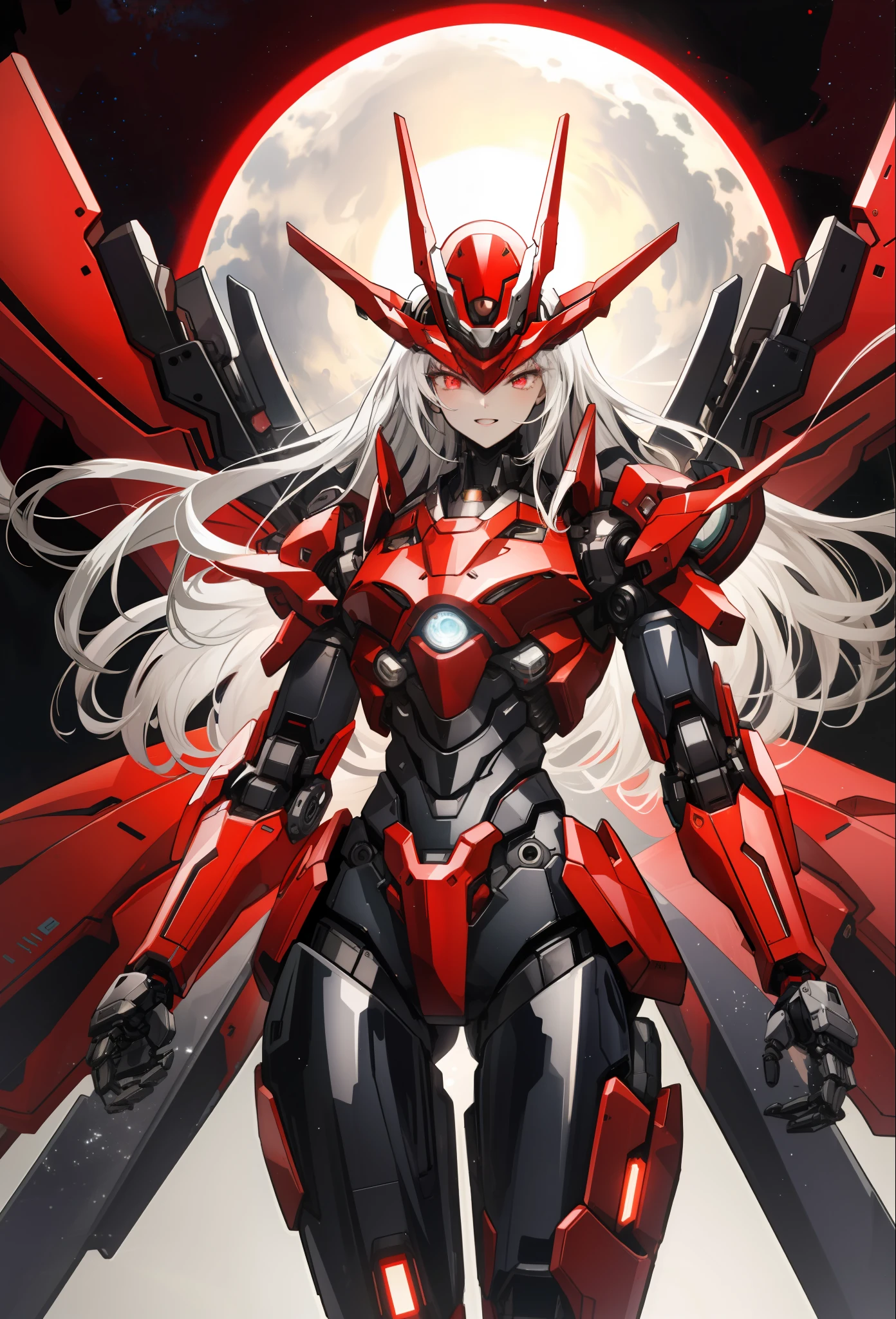 tmasterpiece,best qualtiy,ultra - detailed,very detailed illustration,The is very detailed,Complicated details,A high resolution,super complex detail,Very detailed 8k CG wallpaper,cowboy lens,Caustics,Reflectors,Ray traching,(red theme,Black Themes:1.3),1girl :1.4), Horrible laughter,solo, alone, (mecha musume, mechanicalparts, robotjoints, Robotic arm, mechanical leg, head gear, Precision mechanical tights, fully armoured, Red mechanical wings), Extra-long hair, silber hair, whaite hair, red - eyed, glowing light eyes, Eye trajectories, Random expressions, Random actions, Ancient Japanese architecture, ponds, starrysky, skylines, rays of moonlight, detailedbackground, ((masterpiece)), hoang lap, HDR,