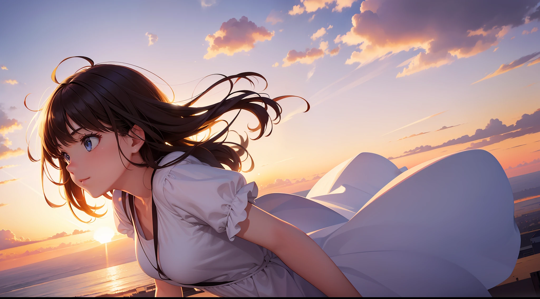 masterpiece, best quality, movie still, 1girl, cloud girl, floating in the sky, close-up, bright, happy, warm soft lighting, sunset, (sparks:0.7)