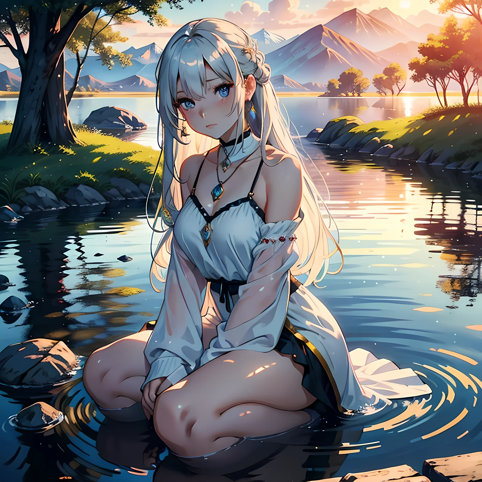 1 girl, serene expression, mesmerizing eyes, straight long hair, flowing dress, poised posture, porcelain skin, subtle blush, crystal pendant
BREAK
golden hour, (rim lighting):1.2, warm tones, sun flare, soft shadows, vibrant colors, painterly effect, dreamy atmosphere
BREAK
scenic lake, distant mountains, willow tree, calm water, reflection, sunlit clouds, peaceful ambiance, idyllic sunset, ultra detailed, official art, unity 8k wallpaper
, zentangle, mandala