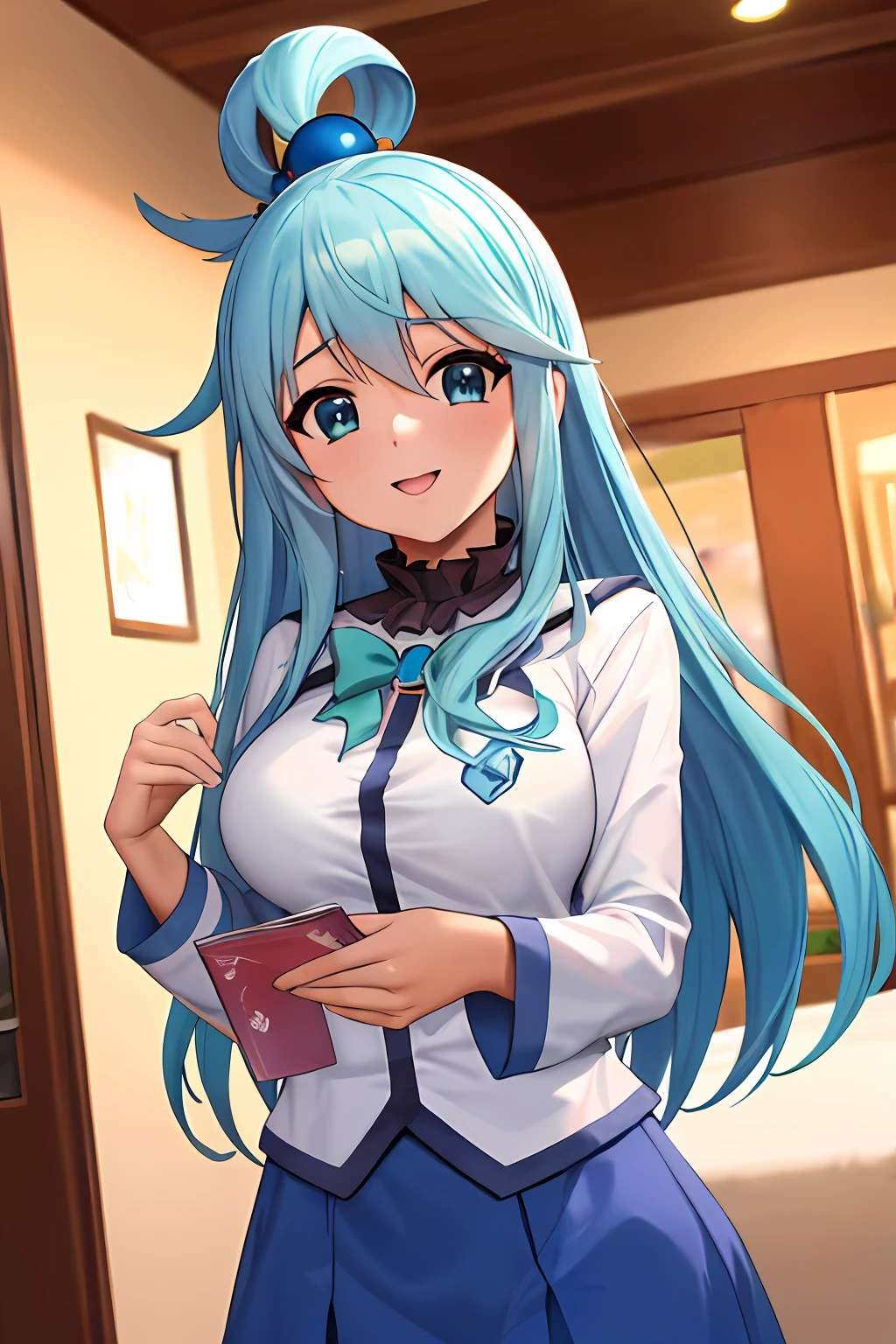 obra-prima, melhor qualidade, highres, aqua1, 1girl, Aqua Konosuba, cabelo azul longo, olhos azuis, High School Uniform Kita, solo, colarinho de marinheiro azul, colarinho de marinheiro, serafuku, saia azul, saia, mangas curtas, fita vermelha, seios grandes, tiro de cowboy,