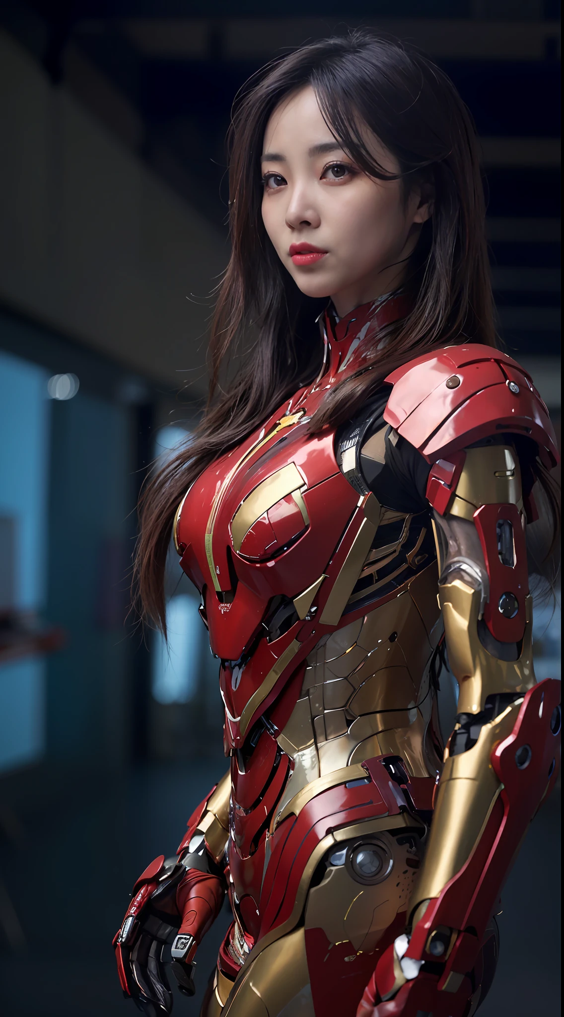 Chinese theme,RAW, Masterpiece, Ultra Fine Photo,, Best Quality, Ultra High Resolution, Photorealistic, Sunlight, Full Body Portrait, Stunningly Beautiful,, Dynamic Poses, Delicate Face, Vibrant Eyes, ( Frontal View) , she is wearing a futuristic Iron Man mech, red and gold color scheme, highly detailed abandoned warehouse background, detailed face, detailed and complex busy background, messy, gorgeous, milky white, high detailed skin, realistic skin details, visible pores , sharp focus, volumetric fog, 8k uhd, dslr camera, high quality, film grain, fair skin, photorealism, lomography, sprawling metropolis in futuristic dystopia, view from below, translucent