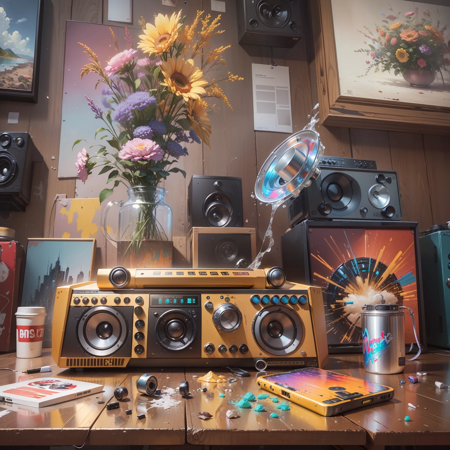 Sprinkled boombox sitting on table ultra realistic digital painting、Colorful hyperrealism、Amazing Metallic、ultrarealistic oil painting、hyper realistic color photo、ultrarealistic oil painting、Realistic colorful photos、hyper - realistic oil painting、ultrarealistic oil painting