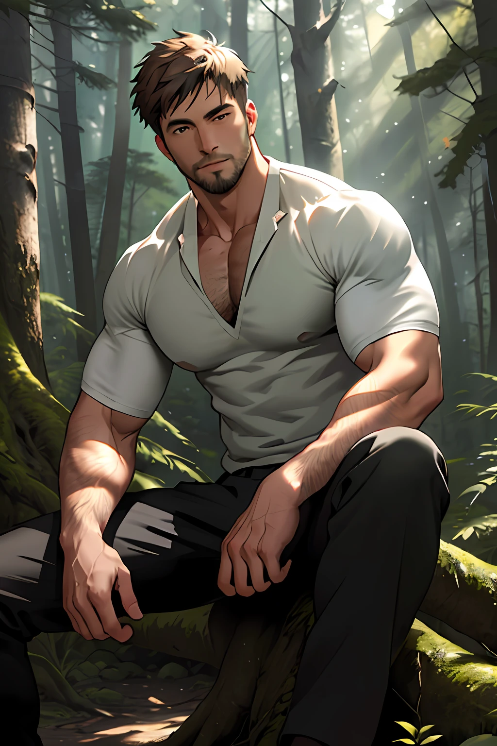 Best quality, masterpiece, expressionless,ultra high res,detailed background,realistic,1man,solo,male,muscular,mature male,short hair,facial hair,sitting,tree,forest,real shadow and light,depth of field,chest, underwear