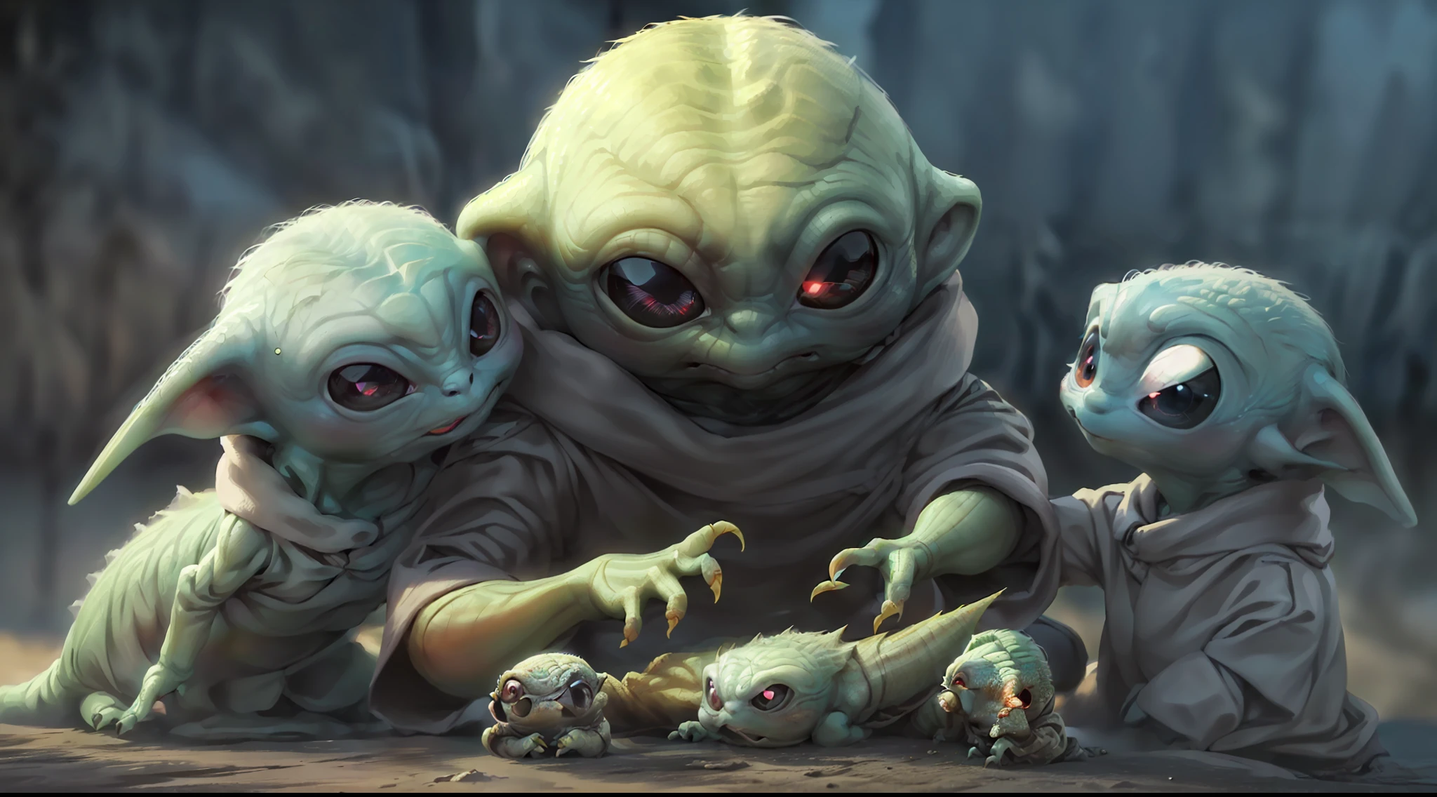 Close-up of a little alien with big eyes and a big nose, alien looking, alien creatures, realistic alien, sci-fi lizard alien, cartoon creature, cute 3 d render, alien design, a hyper-detailed alien, reptilian space alien, Aliens in the form of praying mantises, large glowing eyes, cute little creature, zbrush contest winner, An alien