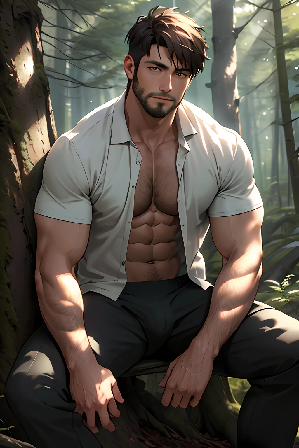 Best quality, masterpiece, expressionless,ultra high res,detailed background,realistic,1man,solo,male,muscular,mature male,short hair,facial hair,sitting,tree,forest,real shadow and light,depth of field,chest, underwear