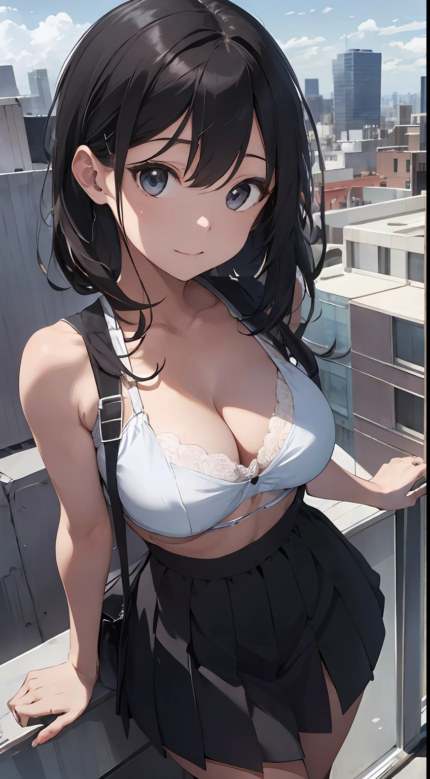 A high resolution,ultra - detailed,(1girll:1.3),(Large 1.5),(Bra 1.5),(ultra short skirt 1.5)Create a rooftop view in an urban setting,Features panoramic city views