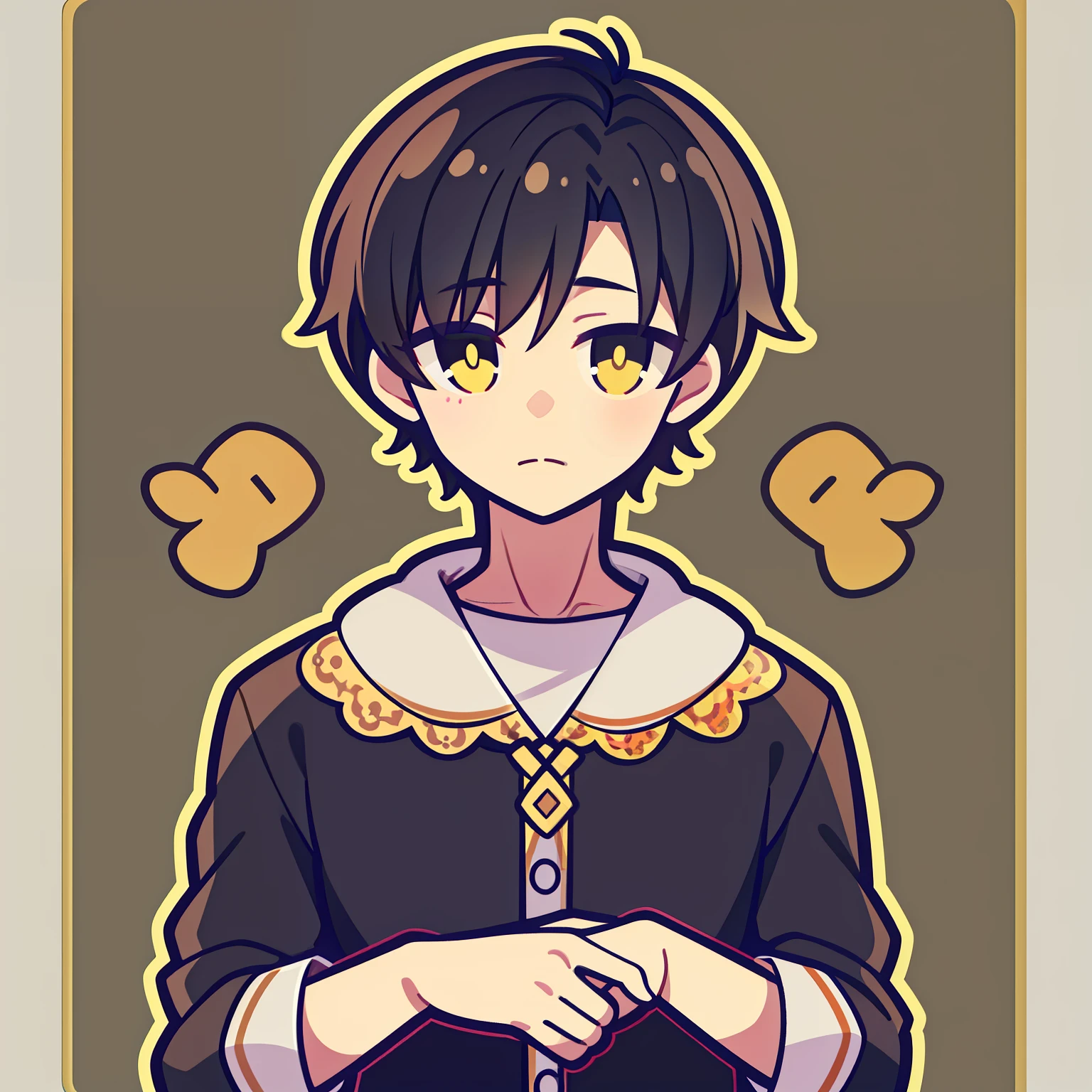 A boy with short black hair and yellow pupils closes his eyes, puts his hand under his chin, and thinks about Q printmaking style