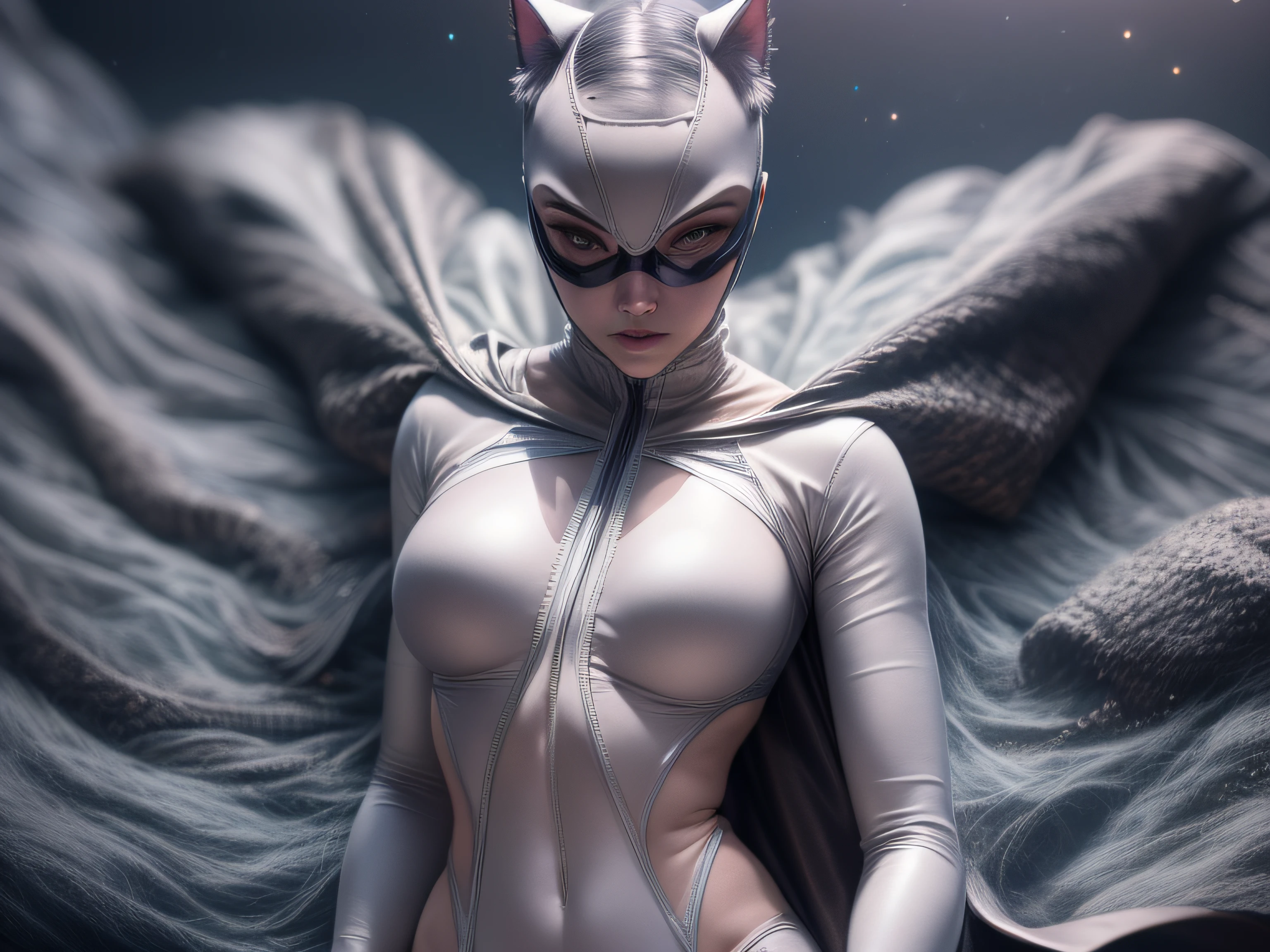 Closeup on a powerful threat, The creepy appearance of the mysterious Catwoman, inimmiga do Batman, vestida com de forma sensual, de bodysuit branco com bege e bronze, menacing stare, ricamente detalhado, Hiper realista, 3D-rendering, obra-prima, NVIDIA, RTX, ray-traced, Bokeh, Night sky with a huge and beautiful full moon, estrelas brilhando, 8k,