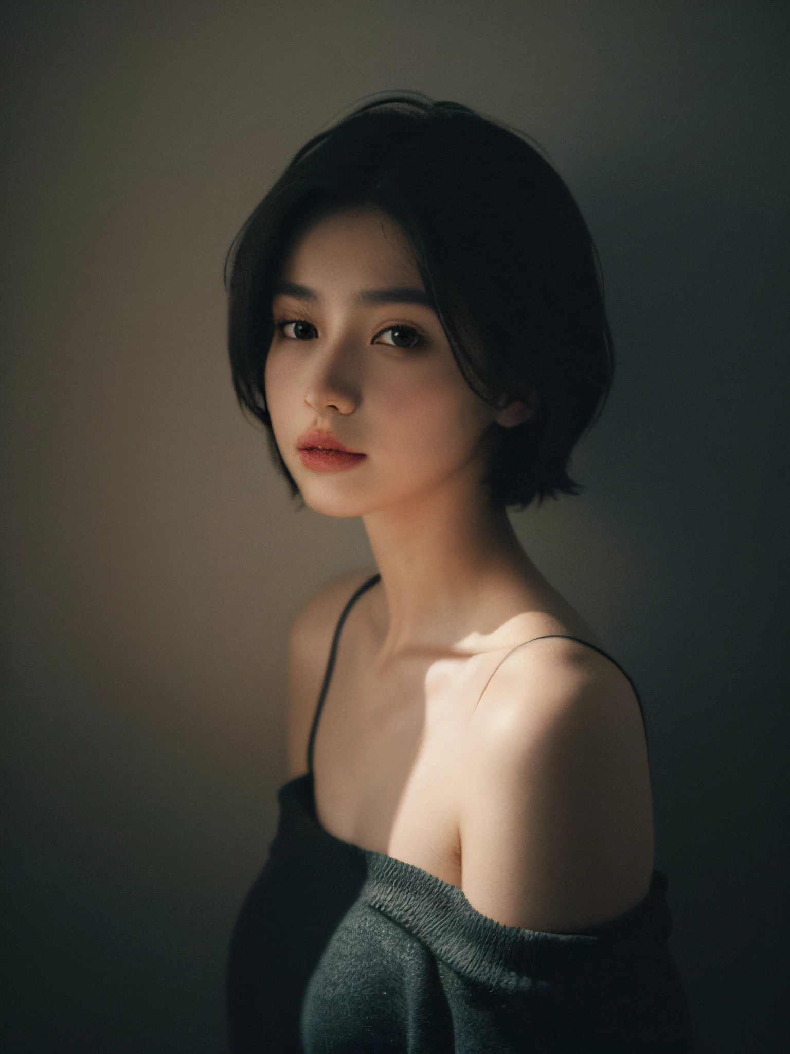 Best quality, masterpiece, ultra high res, (photorealistic:1.5), raw photo, 1girl, offshoulder, in the dark, deep shadow, low key, cold light, sexy look, short hair