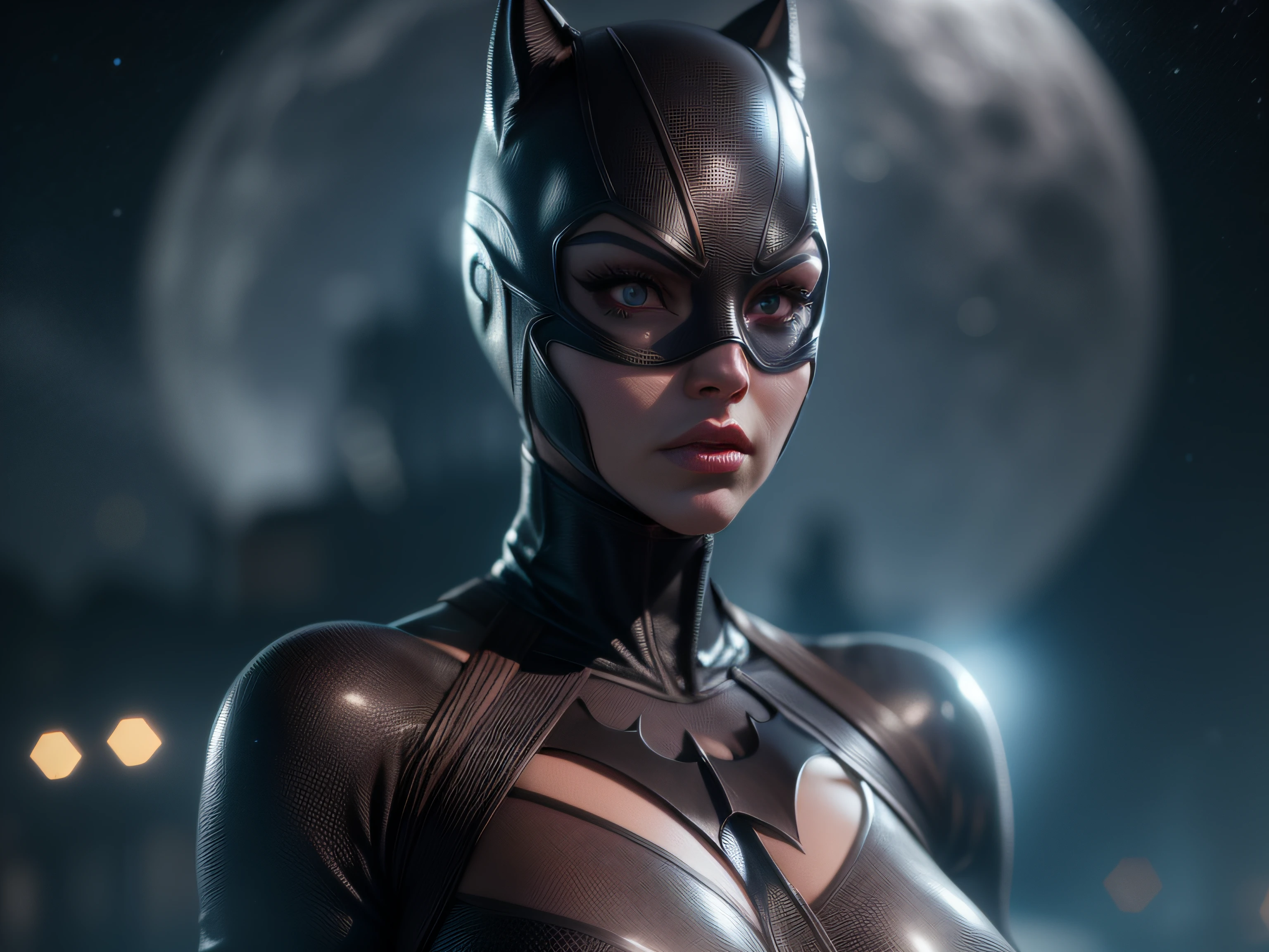 Closeup on a powerful threat, The creepy appearance of the mysterious Catwoman, inimmiga do Batman, vestida com de forma sensual, de bodysuit branco com bege e bronze, menacing stare, ricamente detalhado, Hiper realista, 3D-rendering, obra-prima, NVIDIA, RTX, ray-traced, Bokeh, Night sky with a huge and beautiful full moon, estrelas brilhando, 8k,