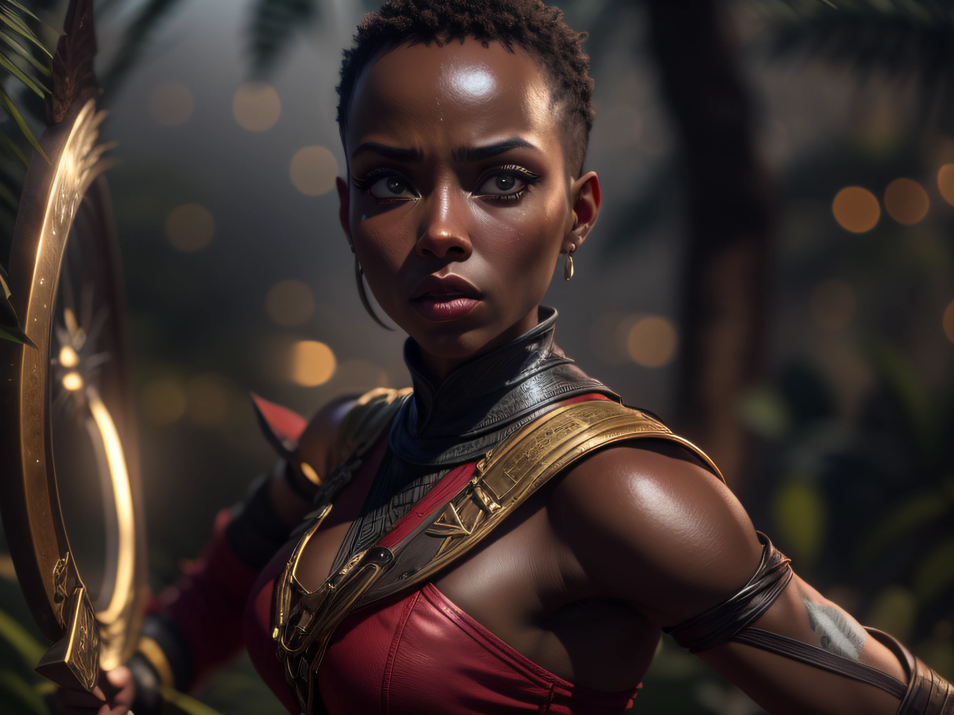 Close a powerful threat, The imposing appearance of a beautiful and powerful warrior Dora Milaje in a combat pose, menacing stare, ricamente detalhada, Hiper realista, black skin like shiny oil, mulher muito linda, corpo espetacular, Mulher curivilinea, 3D-rendering, obra-prima, NVIDIA, RTX, ray-traced, Bokeh, Night sky with a huge, Lua cheia bonita em uma floresta reluzente, estrelas brilhando, 8k,