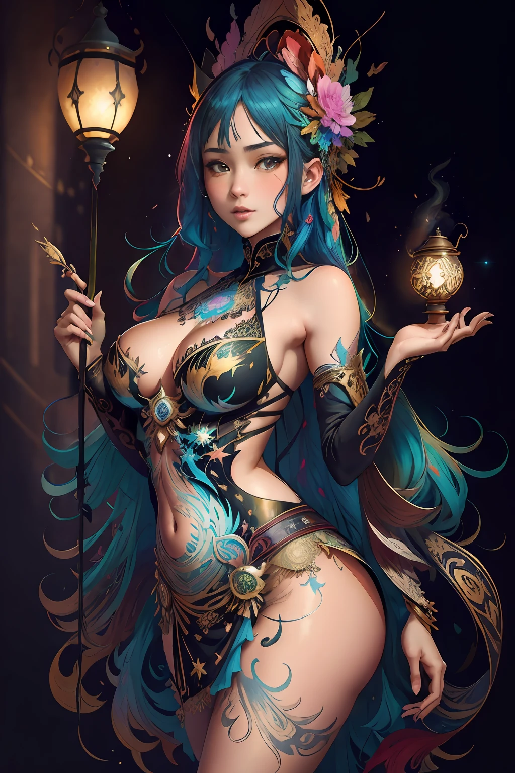 beautiful woman, Una mujer con cabello azul con un atuendo colorido y un fondo colorido con salpicaduras de pintura, por Hirohiko Araki,Arte Oficial, Unidad 8K Fondo de pantalla, Ultra detallado, beautiful and aesthetic, Obra maestra, La mejor calidad, (Zenredar, mandala, enredo, enredar), 1girl, extremadamente detallado, Dynamic Angle, vaquero, The Most Beautiful Form of Chaos, elegante, A brutalist designed, colores vivos, romanticismo, Por James Jean, Roby Dwi Antono, Ross Tran, Francis Bacon, Michal Mraz, Adrian Ghenie, Petra Cortright, Gerhard Richter, Takato Yamamoto, Madera de Ashley, atmospheric, ecstasy of musical notes, streaming musical notes visible,Estilo wtrcolor, (rosa) Arte digital, Arte Oficial, soplado por el viento, Obra maestra, Beautiful, ((acuarela)), salpicaduras de pintura, Detalles intrincados. Gran detalle, [goteo:0.7], tendencias en Artstation, Rachel Walker,Estilo-Pintura-1900, Una hermosa mujer deslumbrante desnuda completamente cubierta de pintura flotando en una piscina, beautiful lighting, Cerrar, grandes ojos hermosos y detallados, Nirvana, relajado, chill, desde arriba, cuerpo completo, gotas de pintura, Remolinos de pintura, salpicaduras de pintura, tacones altos, (Hermosos remolinos de pintura en espiral), por Jeremy Mann, Por Sandra Chevrier, Por Dave McKean y Richard Avedon y Maciej Kuciara, Alto detalle, 8k, colores contrastantes vivos, chromatic abberation, las estrellas tocan el cielo con fondo de estrellas de pintura de la nebulosa aurora por Style-NebMagic, colores vivos y brillantes, a vibrant digital illustration, fondo negro, behance HD, Obra maestra, La mejor calidad, (realista:1.2), (alto contraste:1.2),Gold decoration, fondo negro liso, Beautiful close-up of the Caucasian girl, Dynamic body in motion, Arte digital, salpicar, cuerpo completo, Arte Sakimichan, Tatuaje de mandala oriental, Fondo fractal, Silver and gold and bronze spirit, Reloj antiguo flotante, Antique lamp, salpicar, pose sedu
