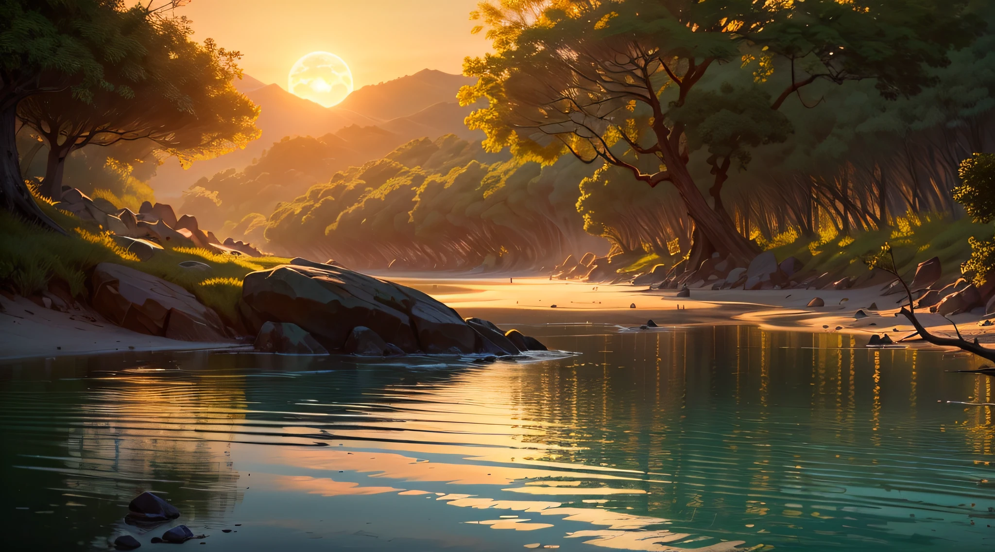(extremamente detalhado,CG art similar to painting, master part, melhor qualidade, ultra-realistic),(Cores bonitas, best illumination and shadow, um extremamente delicado e requintado),tiro largo,Lush Forest, praia calma, Sunset, Radiant sky,peaceful water, romantic ambiente. --auto
