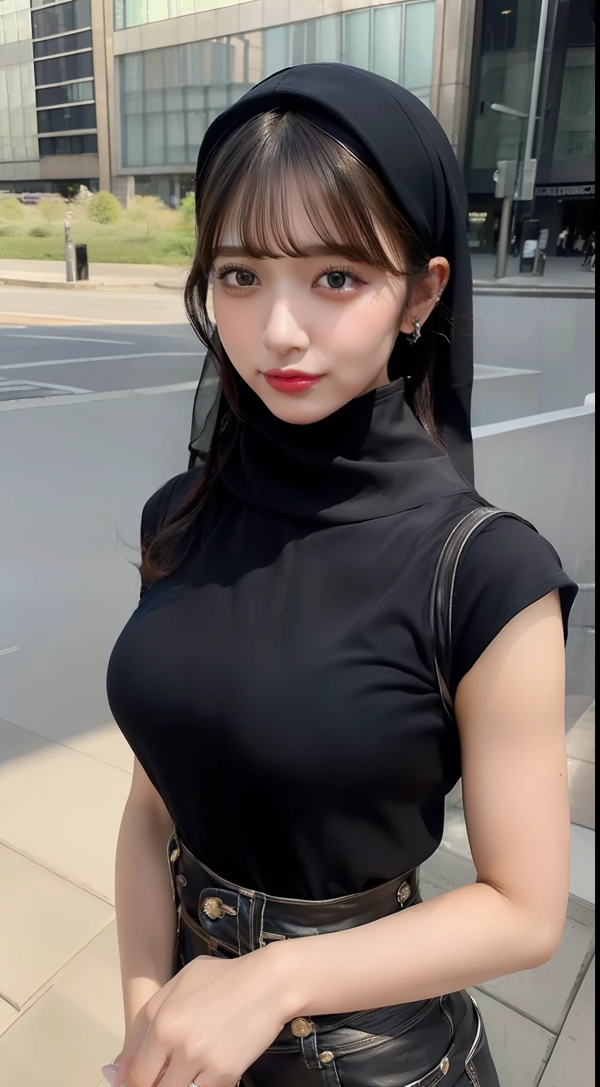 ((masterpiece)), top quality, realistic, photorealistic, highly detailed, highly detailed face, solo, 1 busty girl, black shirt, Levis pants, wearing hijab, using_makeup, long dress, short curly hair, bangs, traveling, city urban,