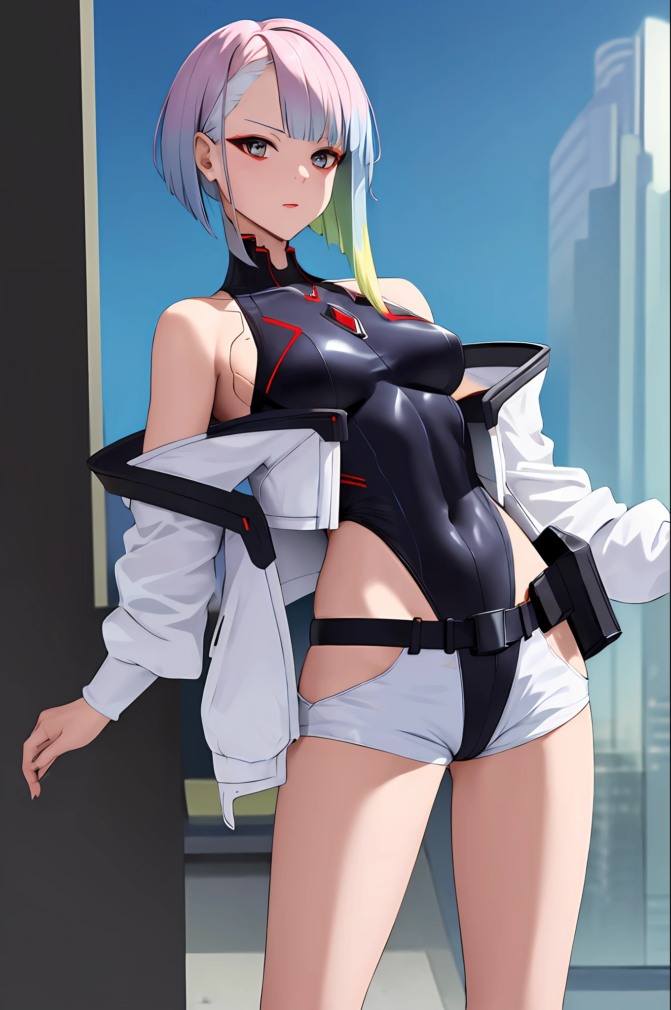 masterpiece, best quality, highres, lu1, cyborg, multicolored hair, makeup, bare shoulders, black leotard, highleg leotard, (thong:1.1), white jacket, open jacket, belt, shorts, cowboy shot, cyberpunk, standing,