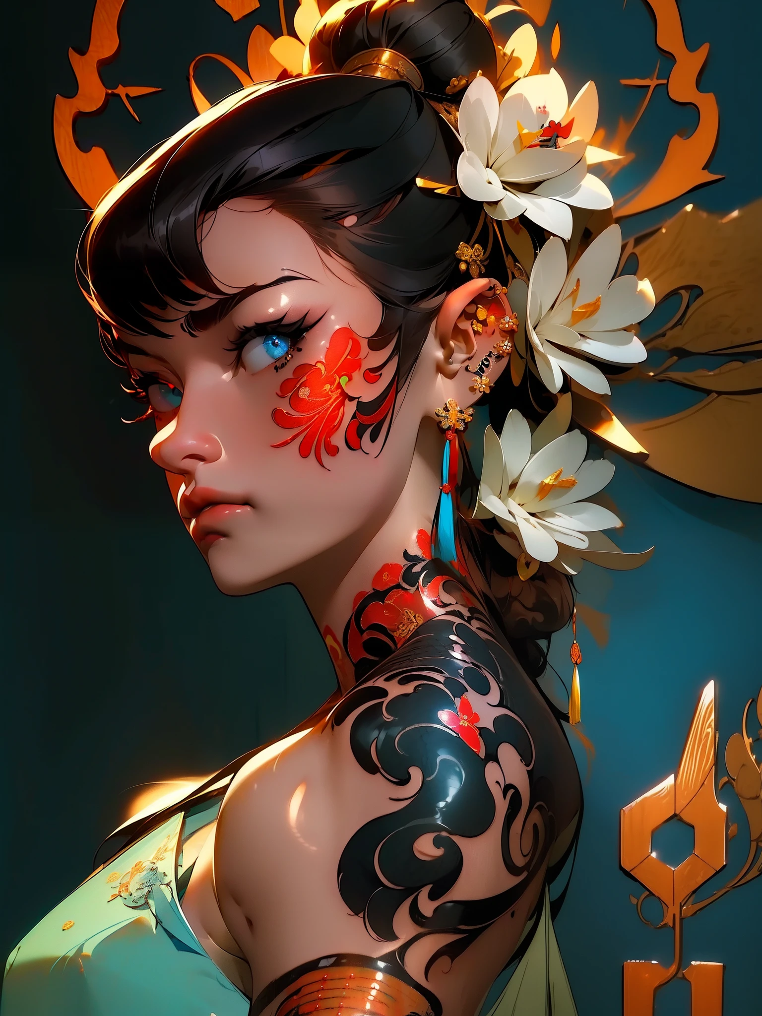 (masterpiece best quality:1.4),1girl, (tattoo of chinese text:1.5), solo, hair flowers, long hair, blue eyes, looking at viewer, medium breast, tattoo, black hair, tassel, bare shoulders, mecha, bangs, upper body, earrings, indoors, nape, off shoulder, jewelry, eyelashes, lips, profile, hair bun, piercing, single hair bun,